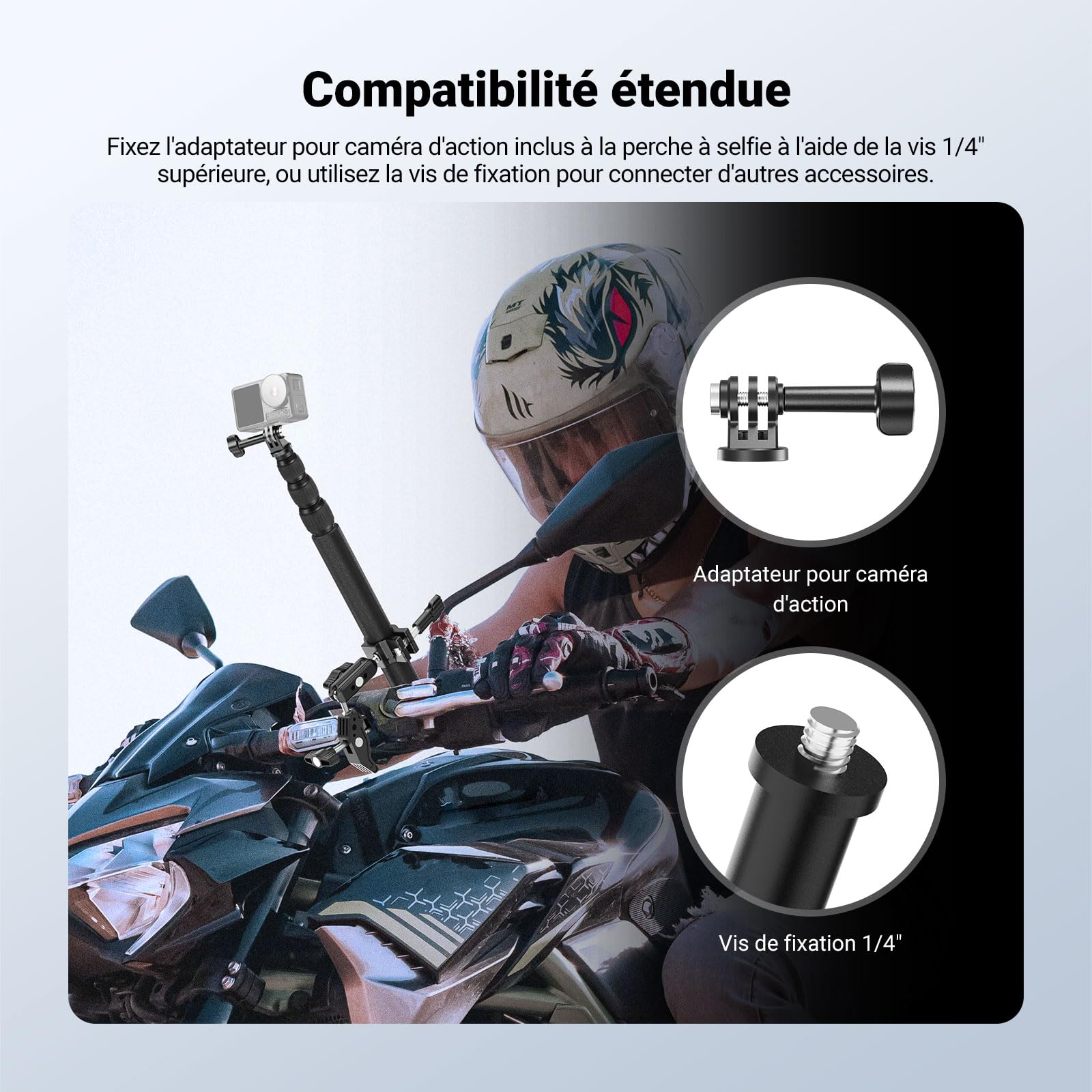 NEEWER Kit d'accessoires de montage de moto compatible avec GoPro Insta360 DJI, guidon de vélo invisible, support à double pince avec adaptateur de caméra d'action pour enregistrement vidéo POV, GP-30
