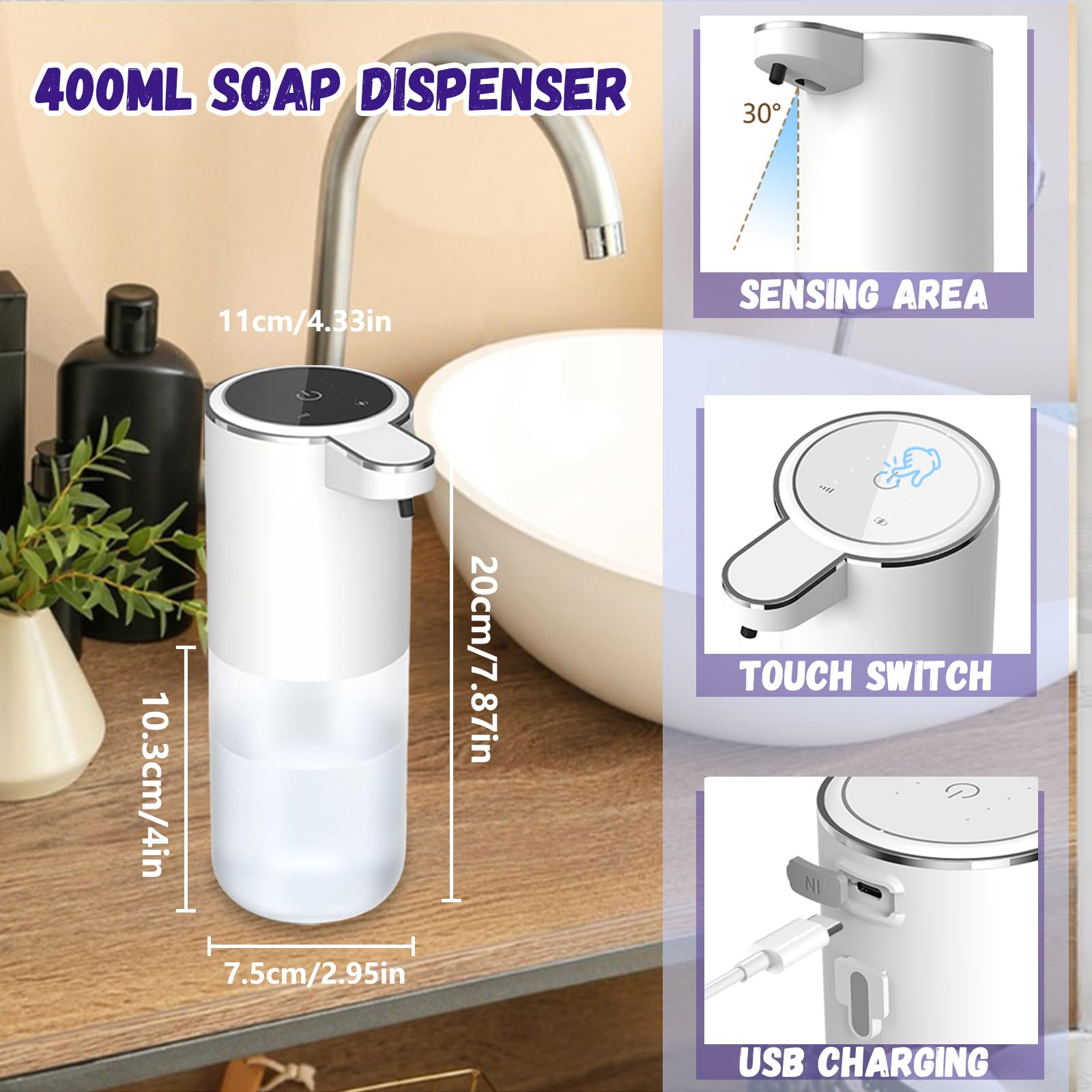 Distributeur Savon Mural, Dalugo 400ml Distributeur De Savon Automatique Murale Avec 4 Niveaux Réglables, étanche IPX5 Distributeur Savon Automatique Pour Cuisine Et Salle De Bain