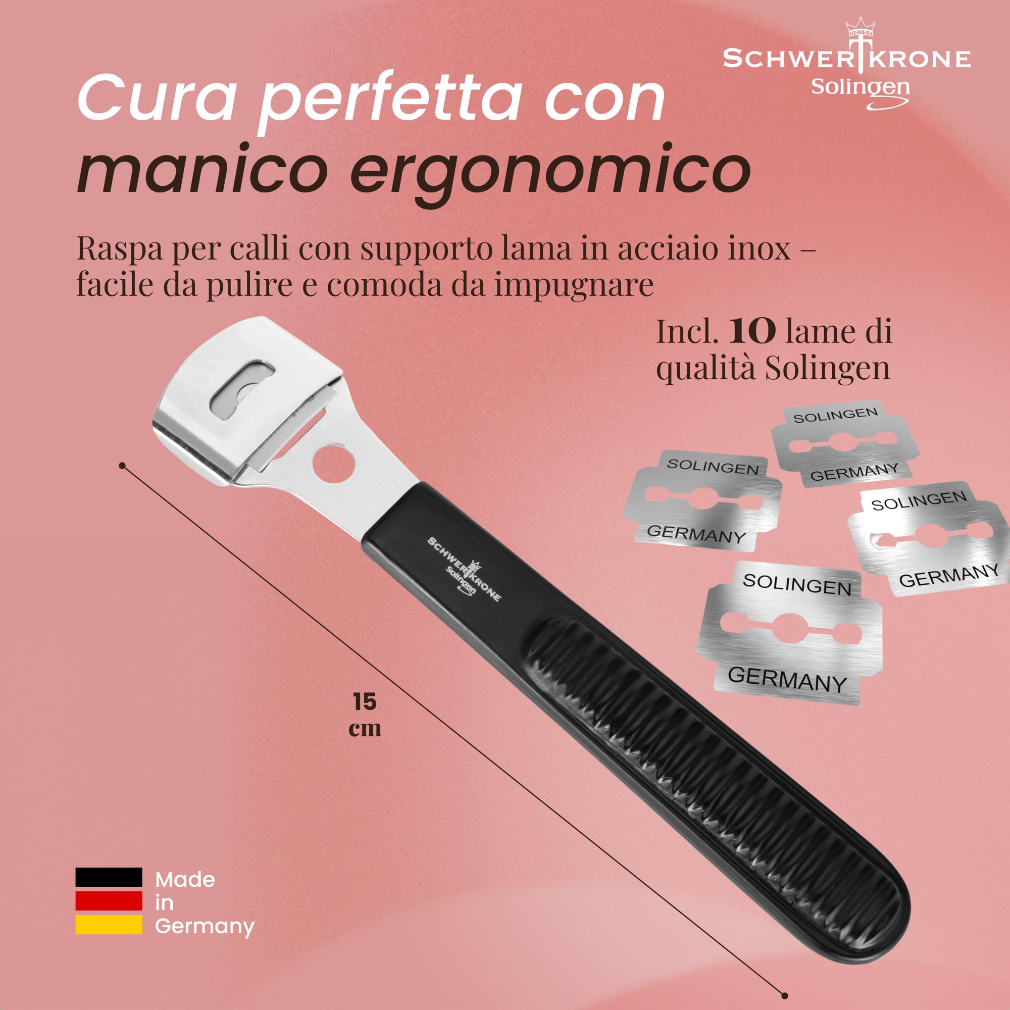 Schwertkrone Set per calli con 10 lame [Made in Solingen – Germania] – Pialla per calli – Rimozione calli con lame di ricambio – Strumento per la cura dei piedi per uomini e donne – Pedicure