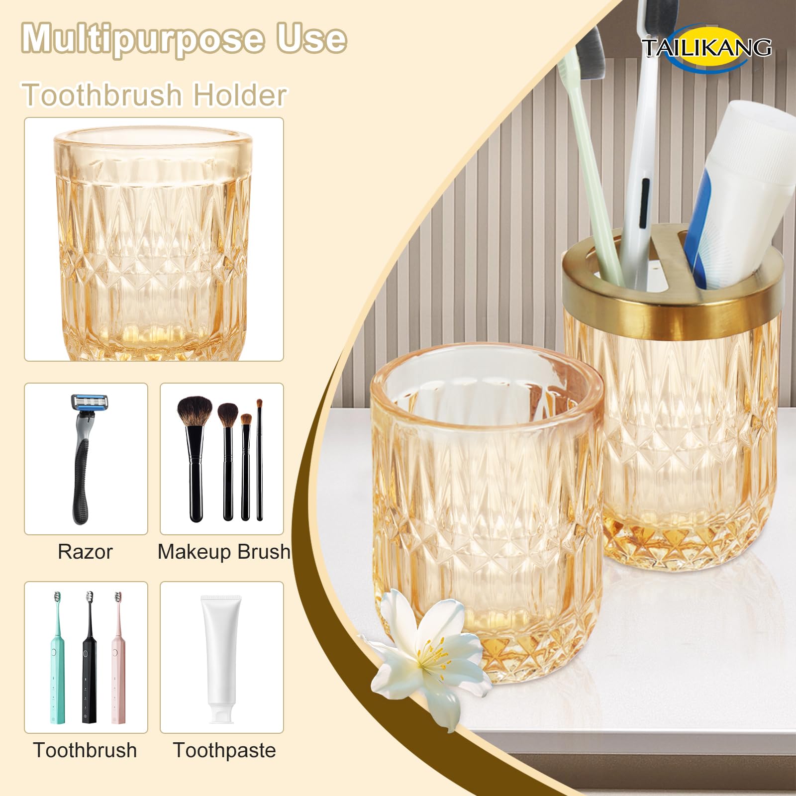 Set di accessori da bagno in vetro dorato, set completo di 5 accessori da bagno, decorazione moderna per il bagno con dispenser di sapone, piatto, portaspazzolino, bicchiere, bastoncini di cotone