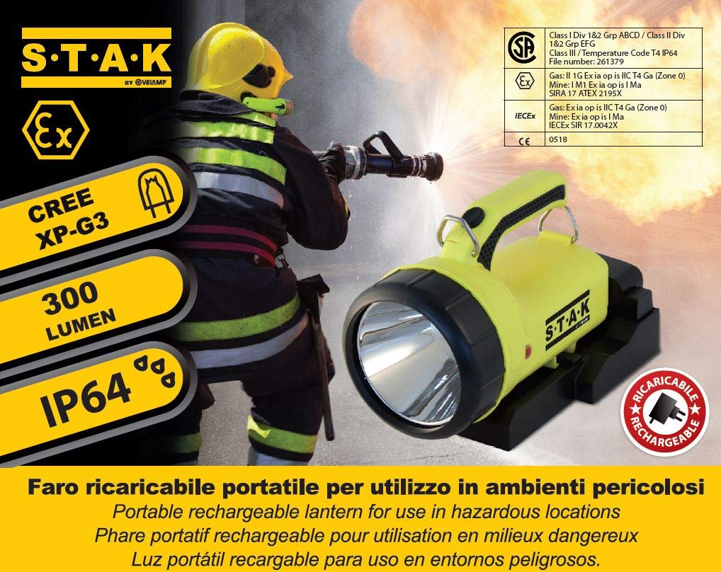 Stak - Faro LED ATEX Ricaricabile - Portata 300m, Impermeabile IP64, Autonomia 16h, Con base di ricarica ed adattatore 200V – Ideale come luce professionale in contesti industriali