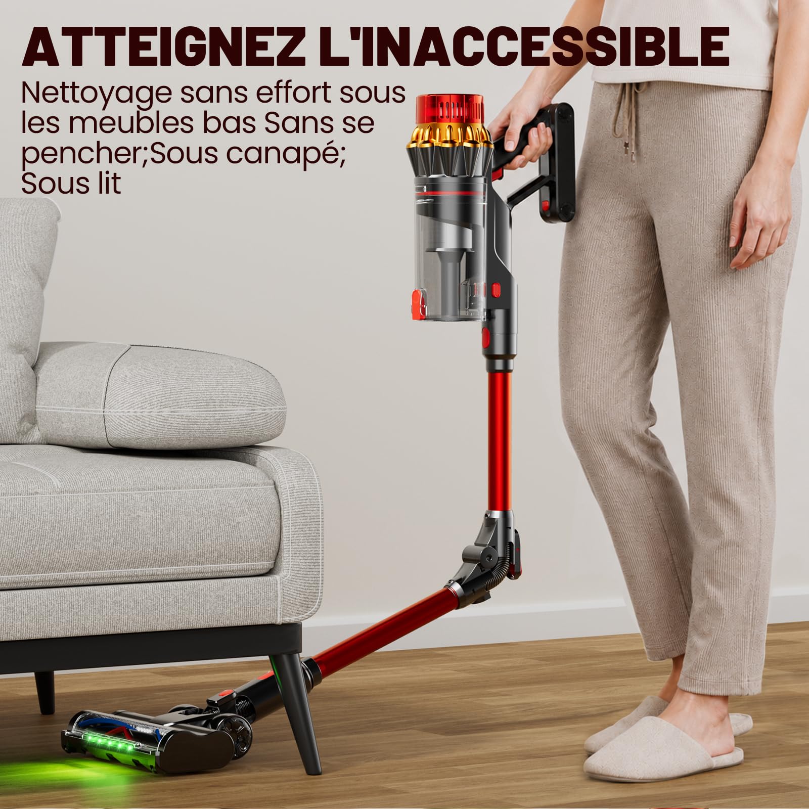 Aspirateur Balai Sans Fil 75 KPa, Autoportant avec Lumière Verte Détection Poussière, Tube Pliable Ergonomique, Écran LED Intelligent, 80 Min d’Autonomie, Anti-Enchevêtrement, Réservoir XL 1,8L