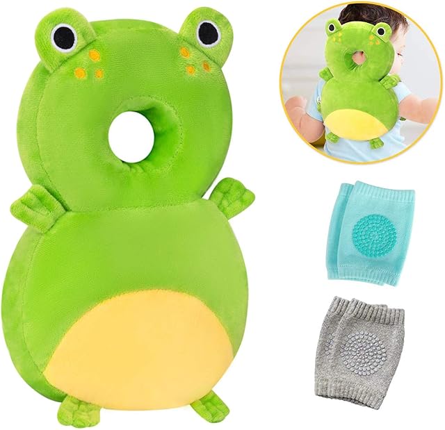 Baby Head Protector and Baby Knee Pads for Crawling,Toddler Baby Walking Head Protection Safety Pads, Adjustable Infant Cushion Backpack for Baby Walkers (Frog & Blue & Gray, 4-24 Months)