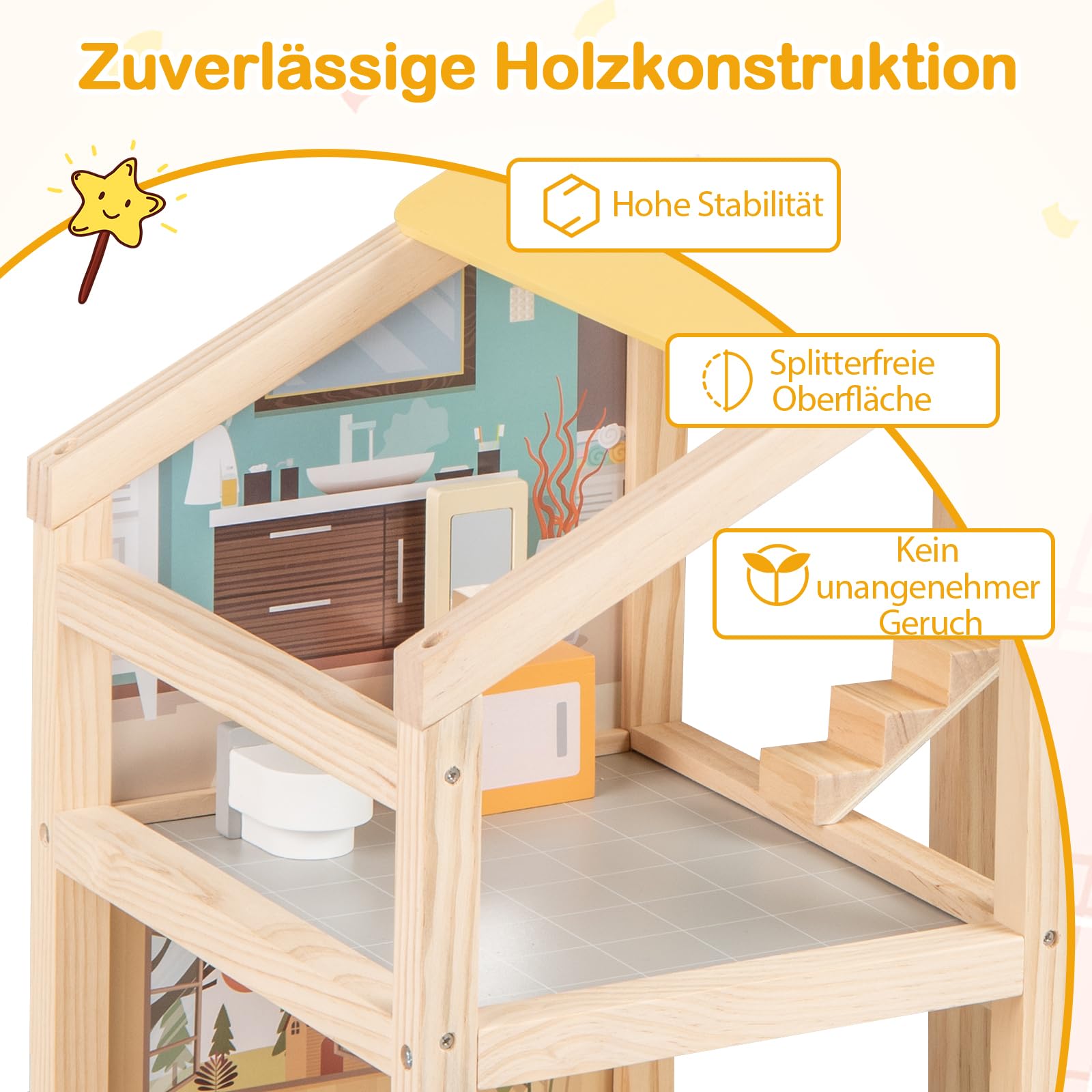 DREAMADE Puppenhaus aus Holz, Traumhaus mit 2 Figuren & 18 Möbelzubehörteilen, Dollhouse mit robuster Struktur & 7 Zimmern, Puppenvilla für Jungen & Mädchen ab 3 Jahren