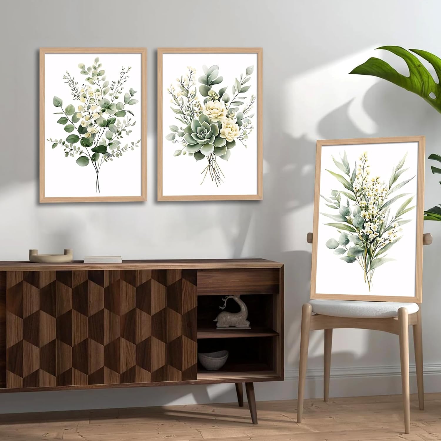 3Pcs Framed Vintage Botanical Wall Art Plant Floral Watercolor Canvas Prints Sage Green Painting Eucalyptus Leaf Picture Modern Minimalist Boho Bedroom Bathroom Living Room Ready to Hang 16x24in