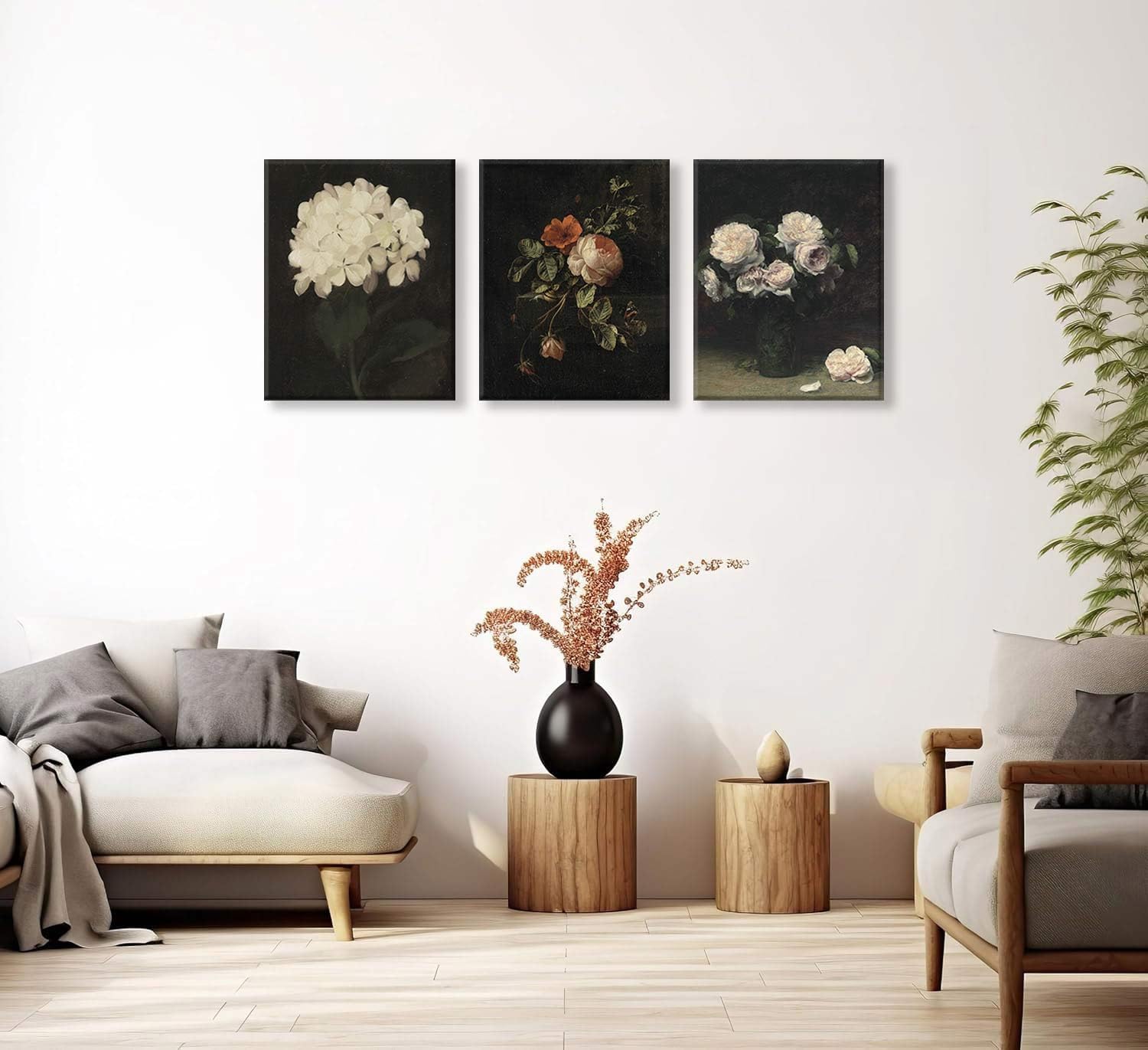 3 Piece Vintage Dark Floral Posters,White Hydrangea Pictures, Moody Rose Butterfly Canvas Wall Art,Dark Rose Wall Decor,Art Prints For Living Room,Bedroom,Bathroom,Office 12x16 Inches. Unframed