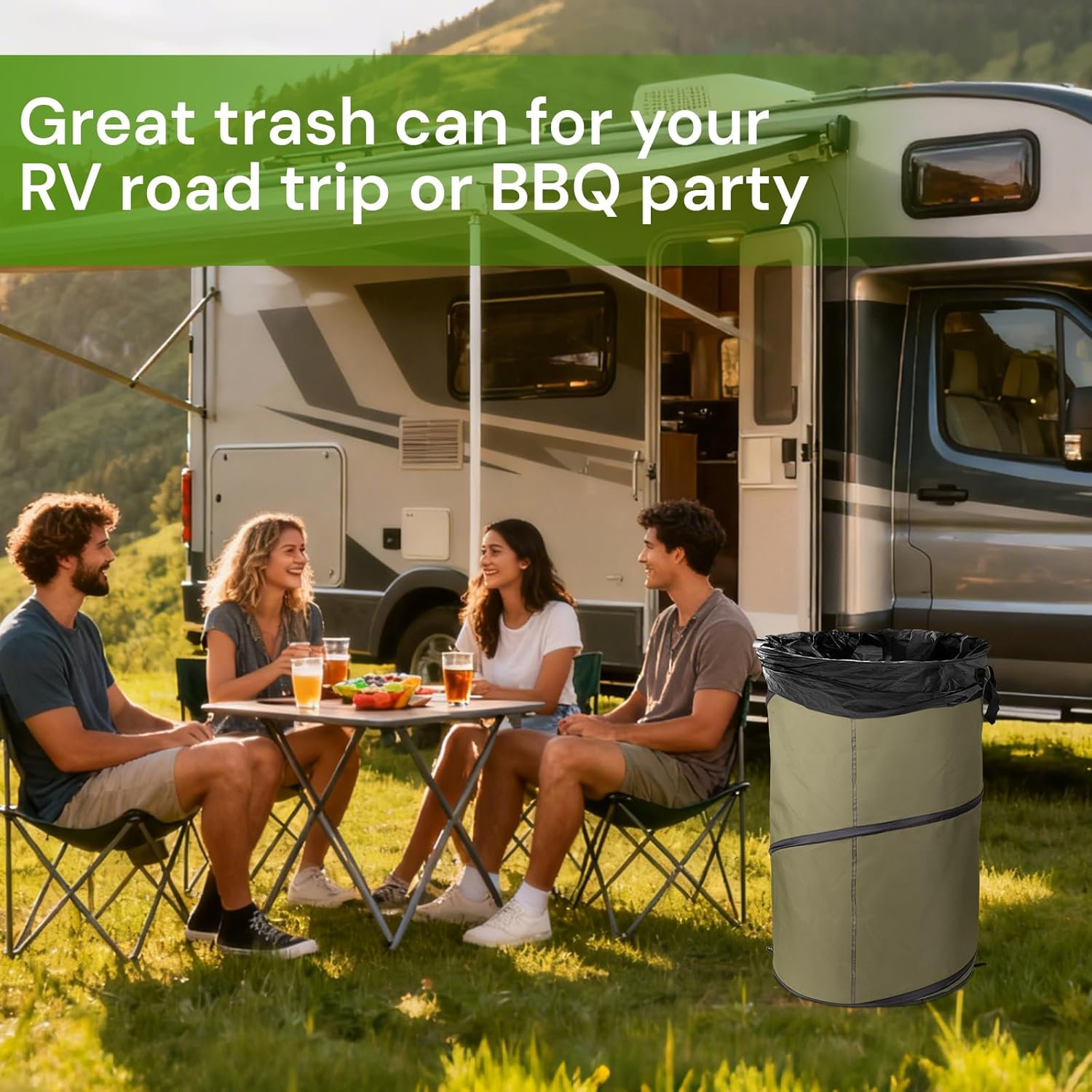 Green1Pack 30 Gallon Collapsible Pop-Up Trash Can | Reusable Garden Waste Bag for Camping, RV, Yard Work, Lawn & Leaf Cleanup, Outdoor Storage Bin