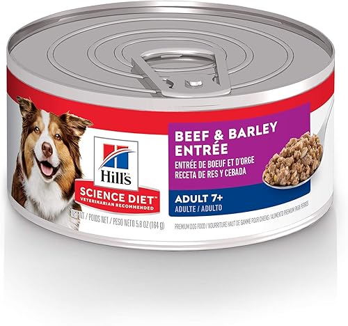 Hill's Science Diet Adult 7+, Senior Adult 7+ Premium Nutrition, alimento húmedo para perros, pan de carne de res y cebada, lata de 5.8 onzas, caja