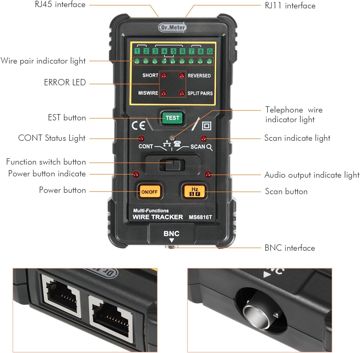 Dr.meter MS6818 Hand Held Network Line Tracker for RJ45 RJ11 UTP STP and BNC Coaxial Cable Testing