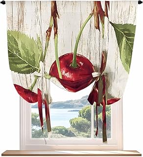 Cherry Tie Up Curtain for Windows, Fruit Watercolor Vintage Wood Texture Adjustable Balloon Curtain Shade Rod Pocket Window Treatment for Kitchen, Living Room, Bedroom 34x45in