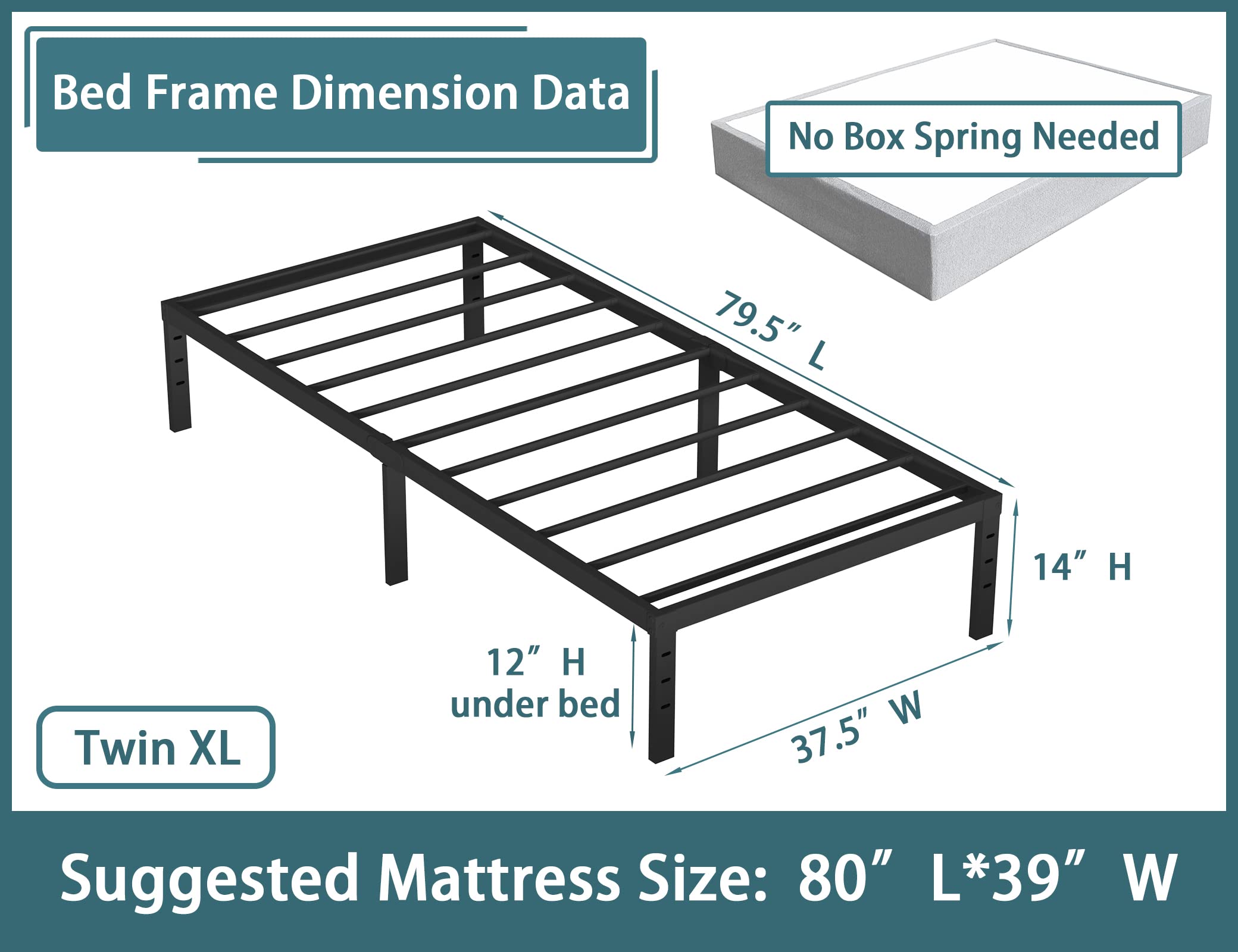 Rooflare Twin XL Size Bed Frame 14 Inch Max Support 3500lbs Heavy Duty