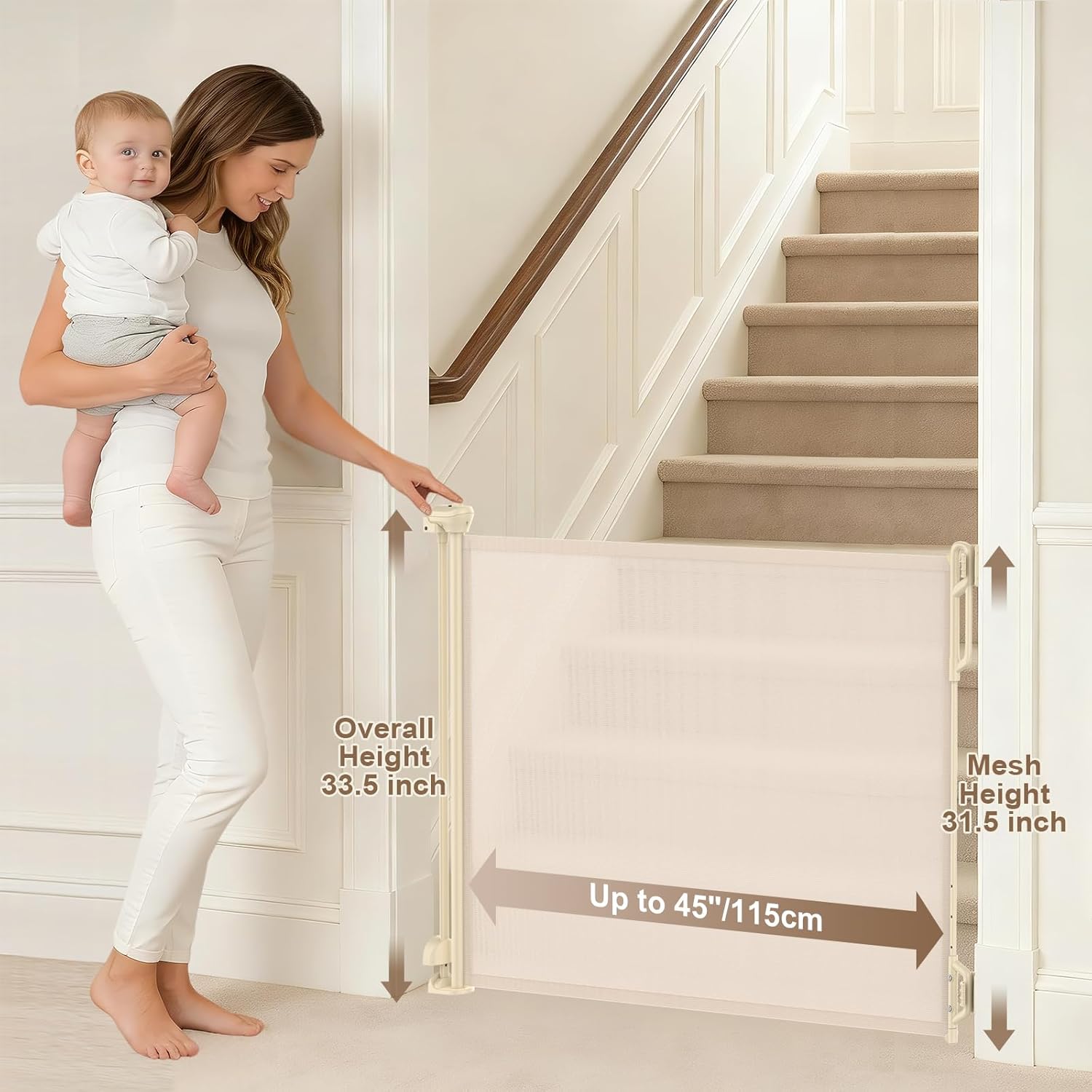Retractable Safety Baby Gate or Mesh Dog Gate,Durable Portable Mesh Retractable Gate,Easy to Use for Stairs, Doorways, Hallways, Indoor, Outdoor, 33.5 Tall, Up to 45 Wide, Cream