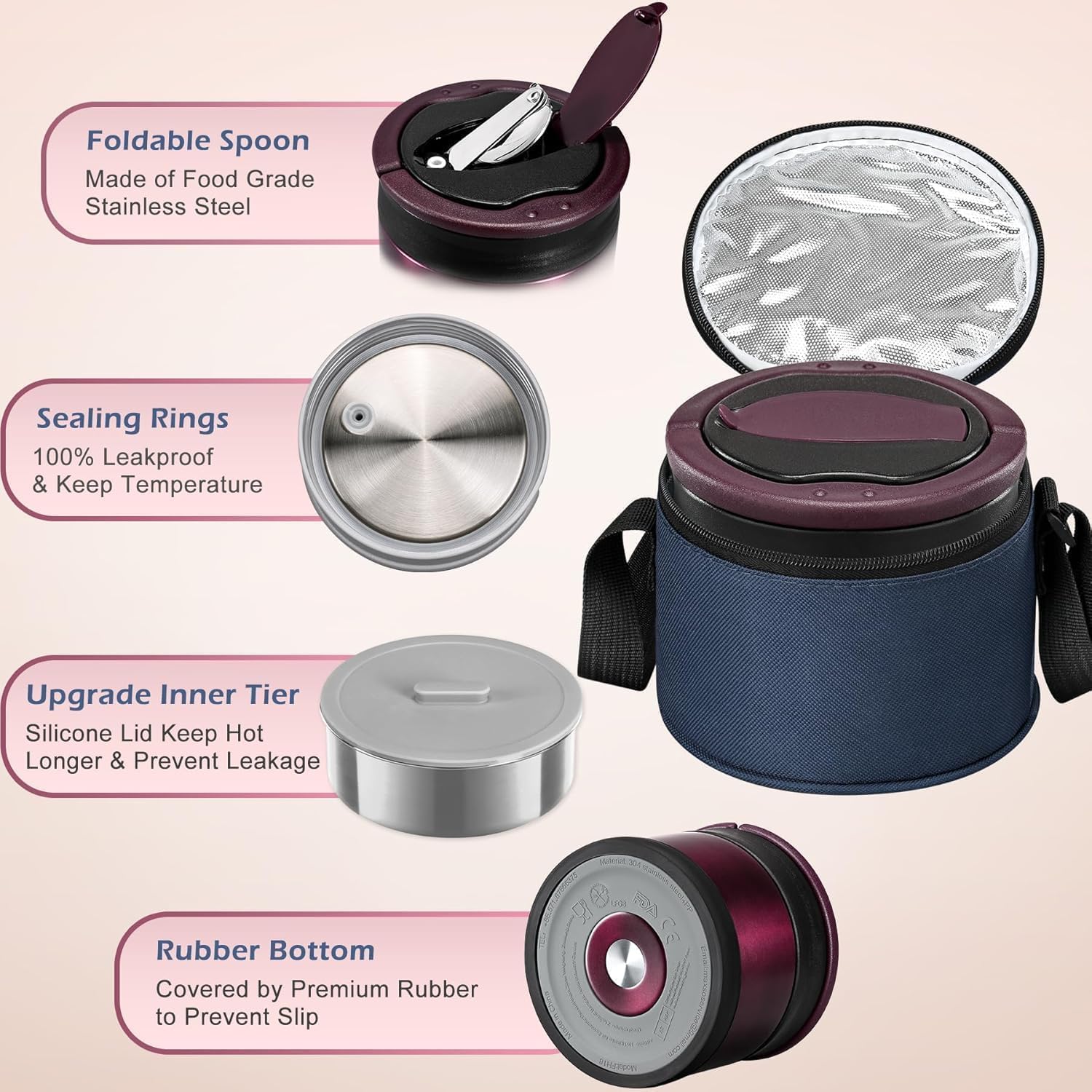 MAXSO Food Jar for Hot Food - 24 OZ Soup Thermo for Adults Vacuum Insulated Lunch Containers with Foldable Spoon & Thermal Bag, Wide Mouth Leakproof Bento Box - Burgundy