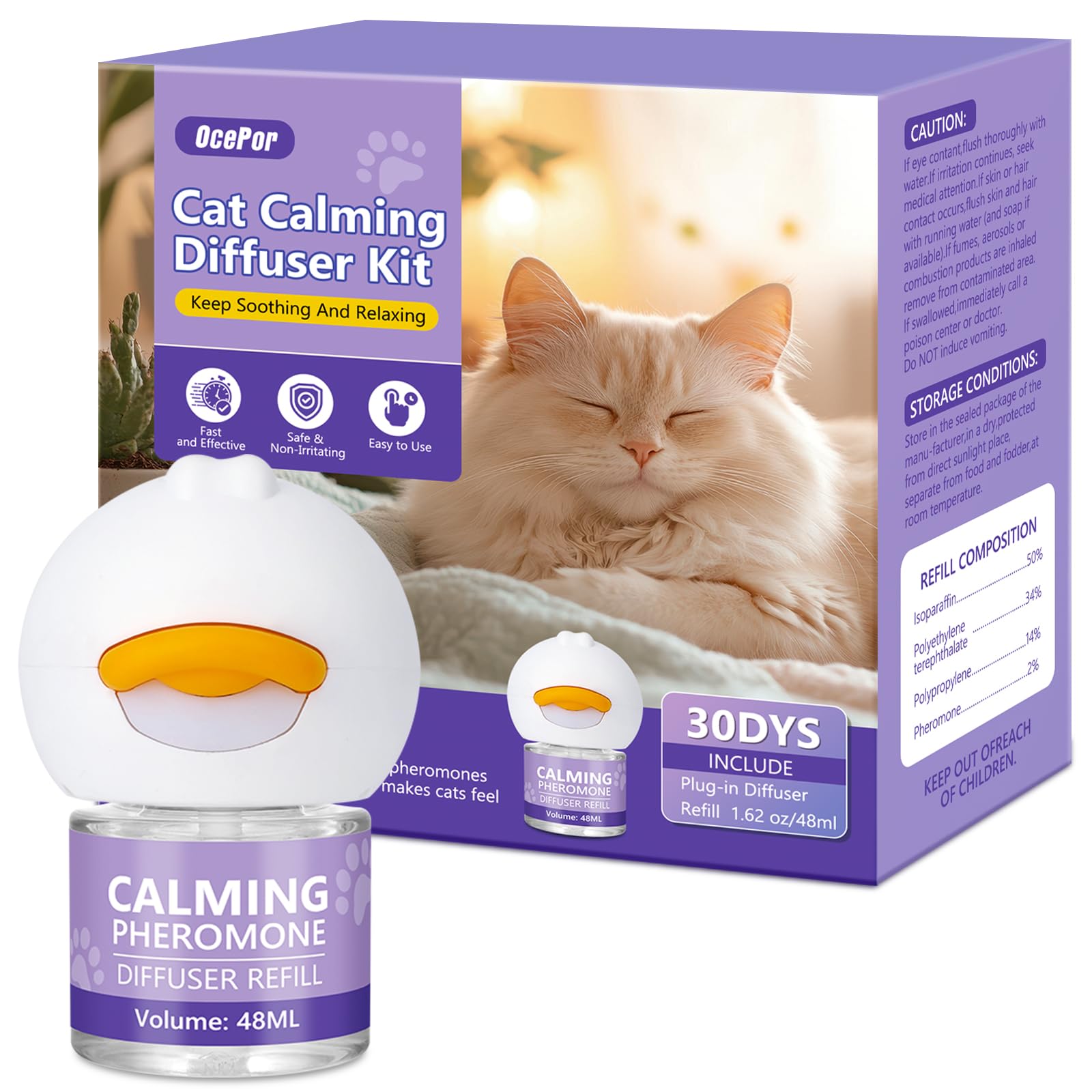 OcePor Cat Pheromones Calming Diffuser Refill 1 Refill Solutions,1 Plugs, Pheromone Diffuser to Calm Cats, Cat Anxiety Relief