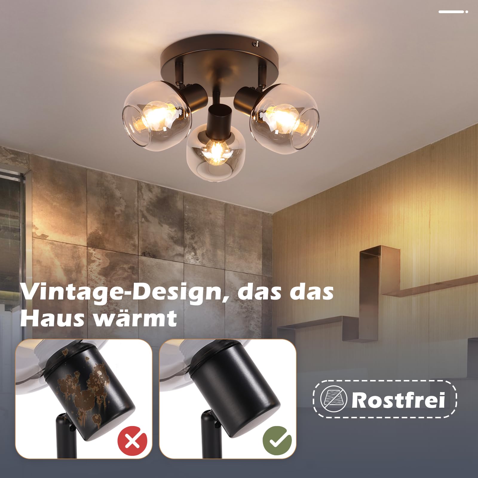 CBJKTX Deckenstrahler 3 Flammig Deckenspots Schwarz - 350° Schwenkbar E14 Spots Glas Strahler Rauchgrau Modern küchenlampe für Flur Küche Wohnzimmer（Ohne Lichtquelle）