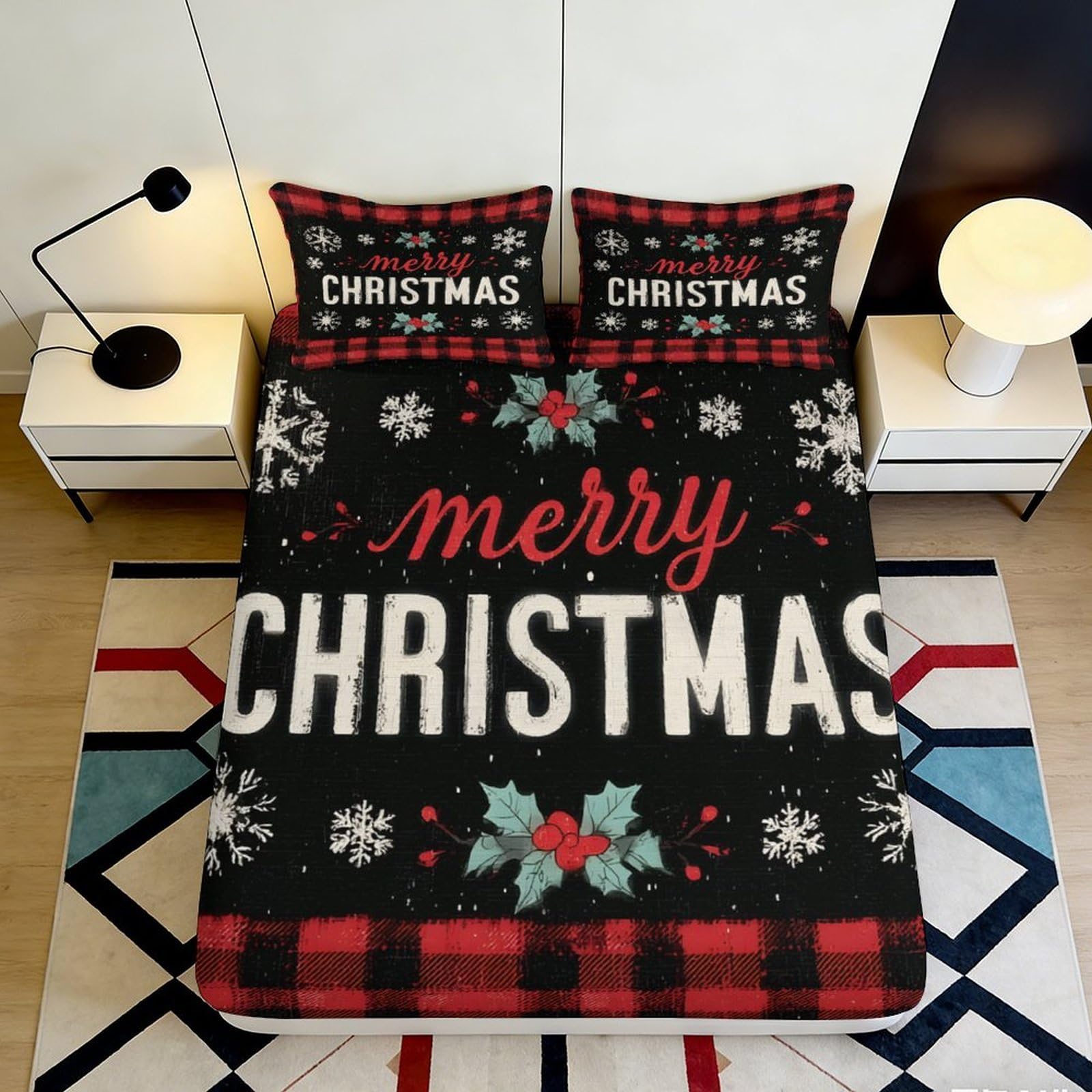 3D Printed Christmas Snowflake Fitted Sheet Microfiber Black Red Plaid Holly Bed Cover for Bedroom Guest Room Protection Decor 90x200x25cm