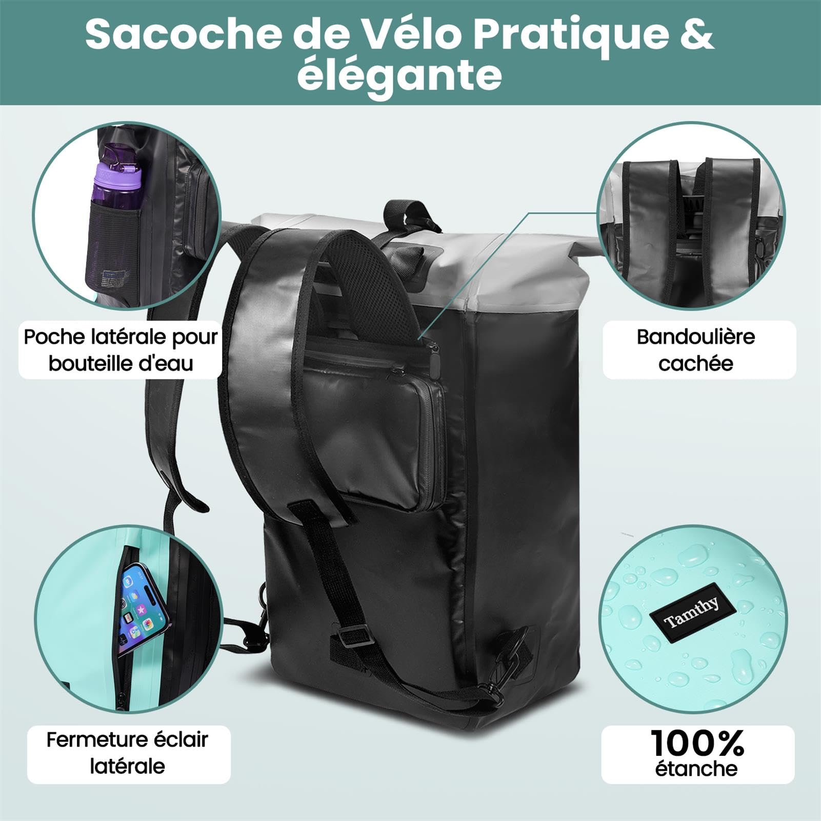 Sacoche Velo Porte Bagage Arriere 100% Imperméable avec Compartiment pour Ordinateur Portable 2 en 1 Sac à Dos & Sacoche Vélo Arriere pour Vélo, Déplacements Quotidiens, Voyages (Menthe, 28L)