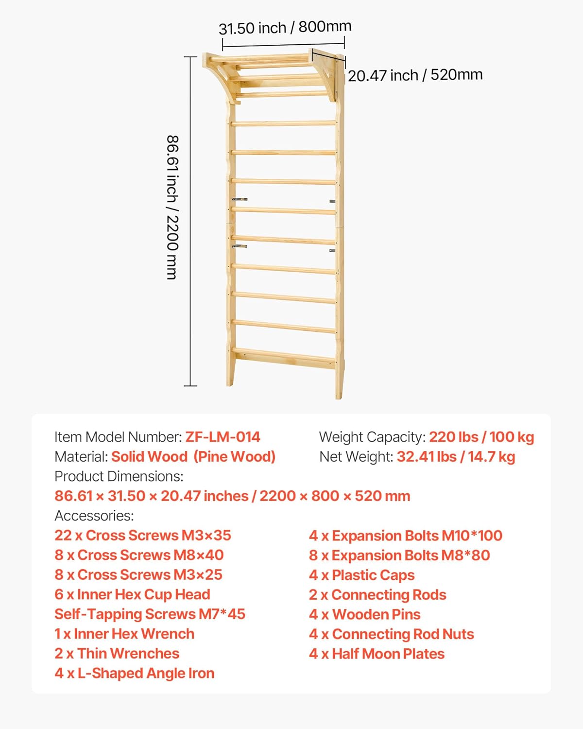 VEVOR Swedish Ladder Wall Gym, 2-in-1 10-Level Indoor Jungle Gym, 220LBS Loading Solid Wood Gymnastic Stall Bars for Kids & Adults, Indoor Playground Climbing Playset with Pull-Up Bar, Wall Ladder