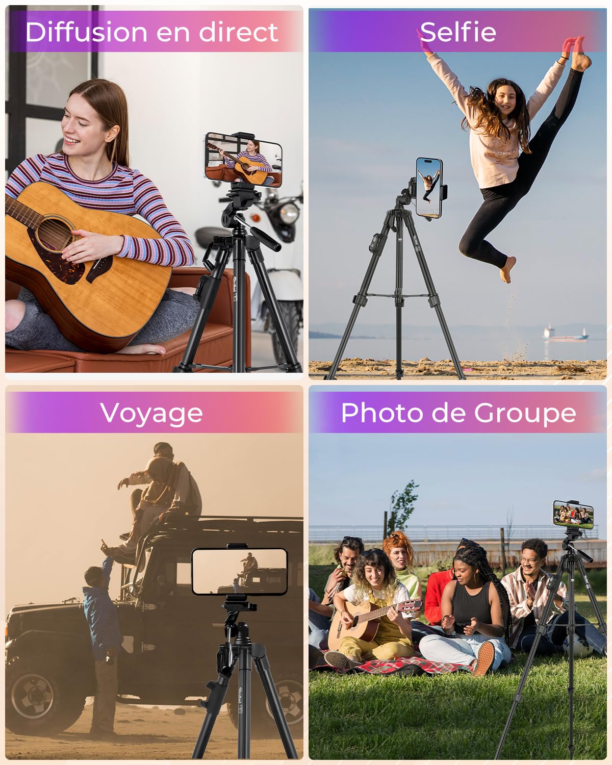 Rollei Trepied Smartphone Traveler, Trépied Telephone Portable avec Telecommande Bluetooth Android & iOS 120cm Tripod pour Téléphone Léger Noir avec Support Smartphone pour iPhone Huawei Samsung