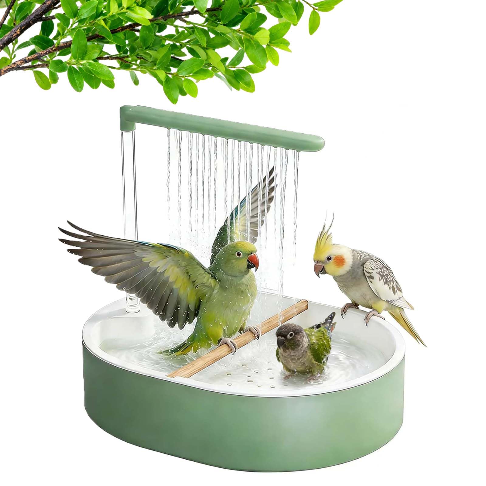 Automatic Bird Shower Bath – USB Rechargeable Parrot Bath with Quiet Circulating Water Fountain, Detachable Bird Bath Tub for Cage, Budgie, Parakeet, Cockatiel & Lovebird (Green)