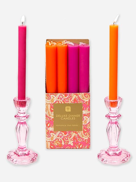 12 x Italian Candles & 2 x Pink Glass Candlestick Holders | Valentines Day Dinner for her,| wedding present, Romantic | Made by Talking Tables