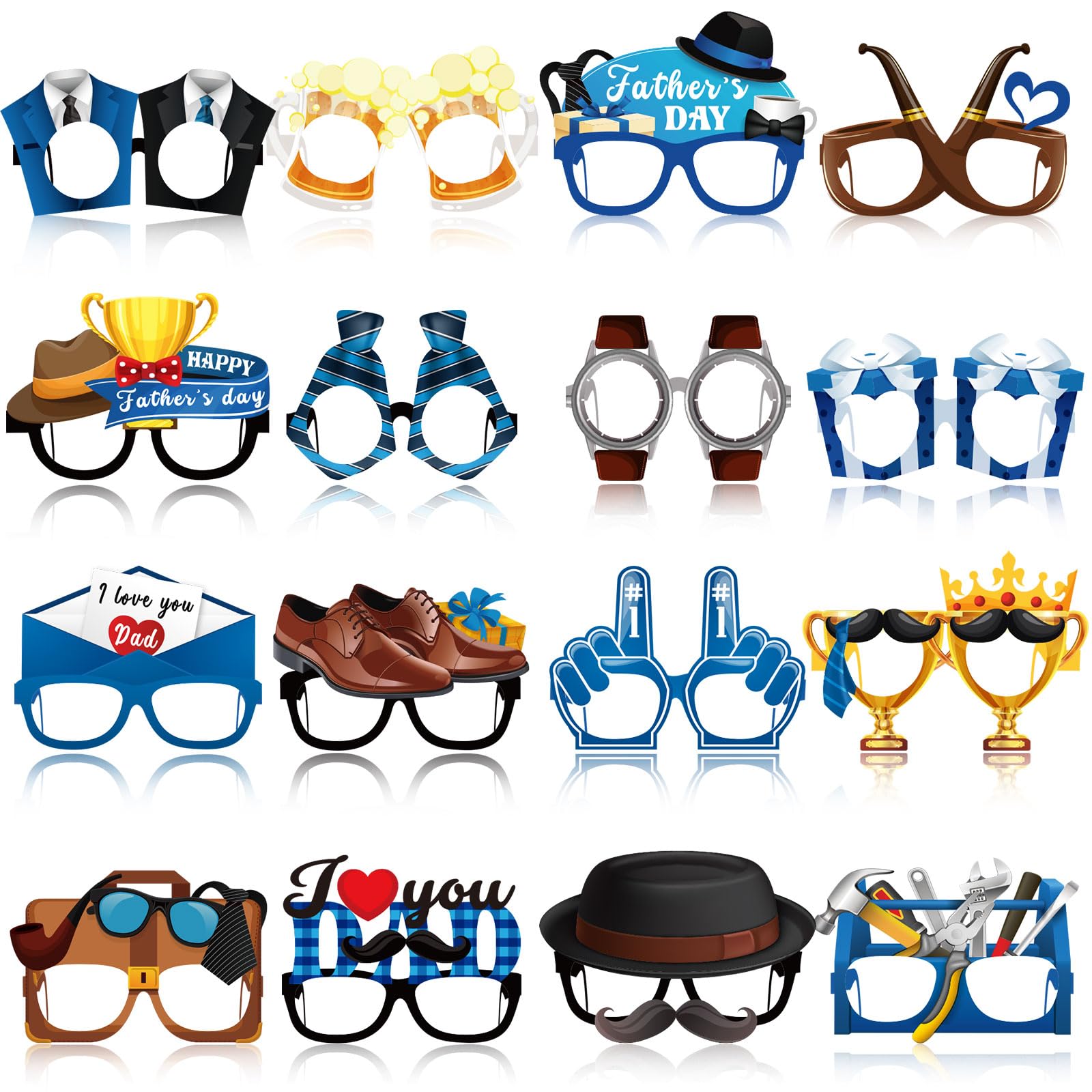 32 Pcs Father's Day Photo Booth Props Paper Glasses, Funny Dad Party Eyeglasses for Men, Happy Father's Day Decorations, Mustache Beer Tool Theme Selfie Props for Dad Birthday Party Supplies