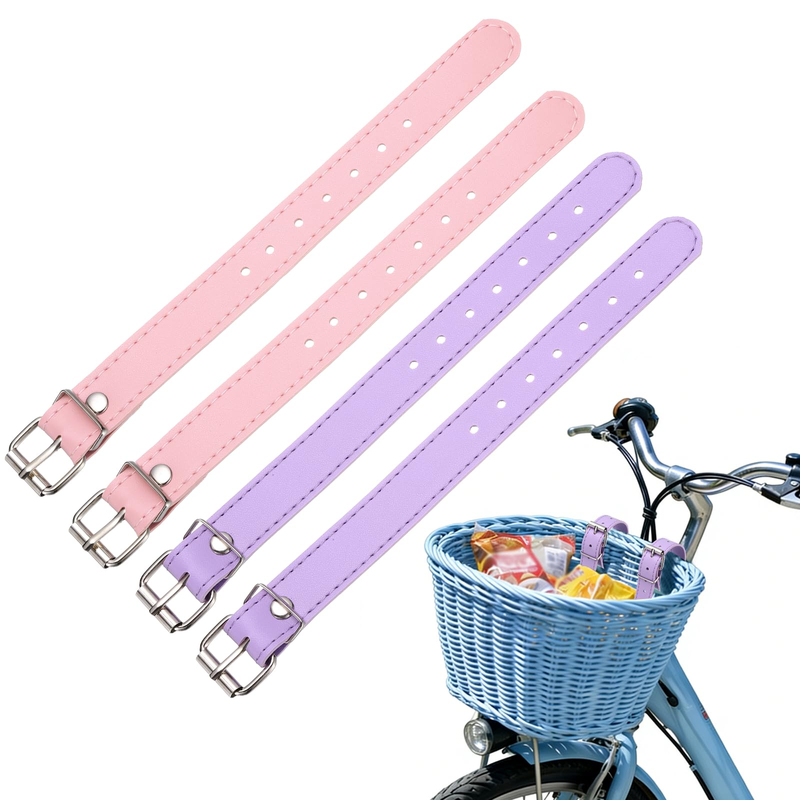 YELARXI Bicycle Basket Strap, Adjustable Bike Front Baskets Leather Straps Detachable Securing Straps 4 Pcs & Pink/Purple-Fitting for (Most Bikes/Tricycle/Scooters)