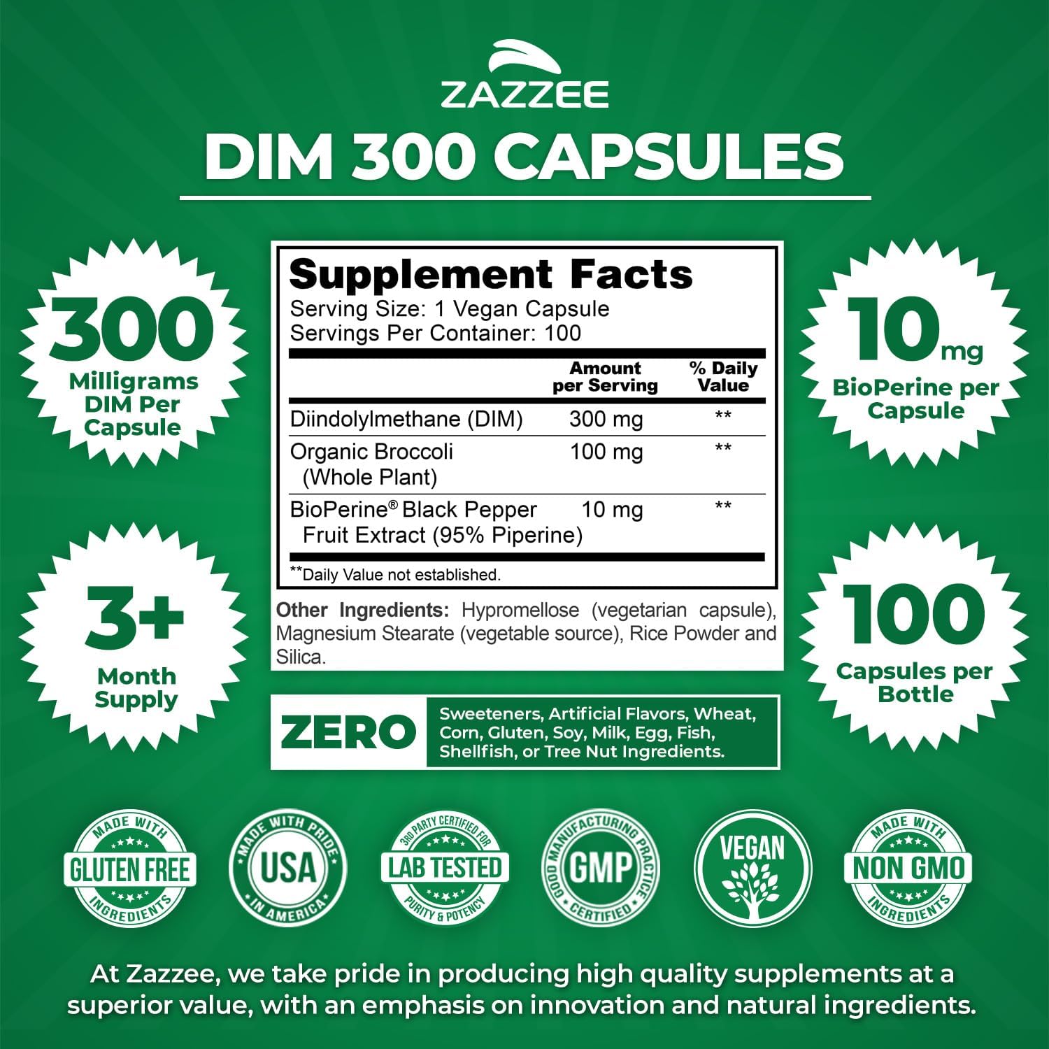 Zazzee DIM 300 mg Per Capsule, 100 Count, Plus 10 mg BioPerine, Estrogen Balance, Hormonal Acne, Menopause Support, Hormonal Balance, Diindolylmethane, Vegan, All-Natural, Non-GMO, Made in The USA - Image 2
