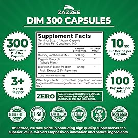 Zazzee DIM 300 mg Per Capsule, 100 Count, Plus 10 mg BioPerine, Estrogen Balance, Hormonal Acne, Menopause Support, Hormonal Balance, Diindolylmethane, Vegan, All-Natural, Non-GMO, Made in The USA