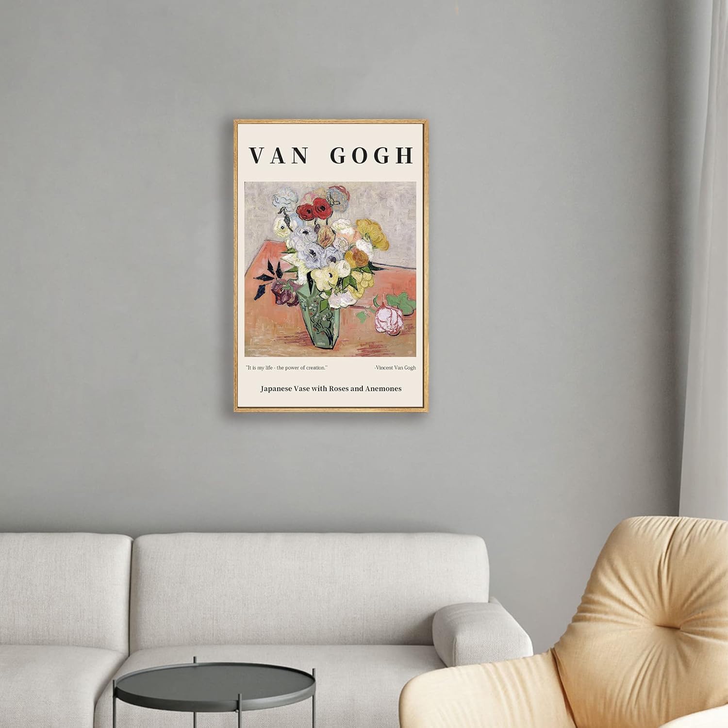 Reproductions of Van Gogh Paintings Japanese Vase with Roses and Anemones Canvas Wall Art for Living Room, Bed Room, Office Home Decoration 16x24in (Natural Framed)