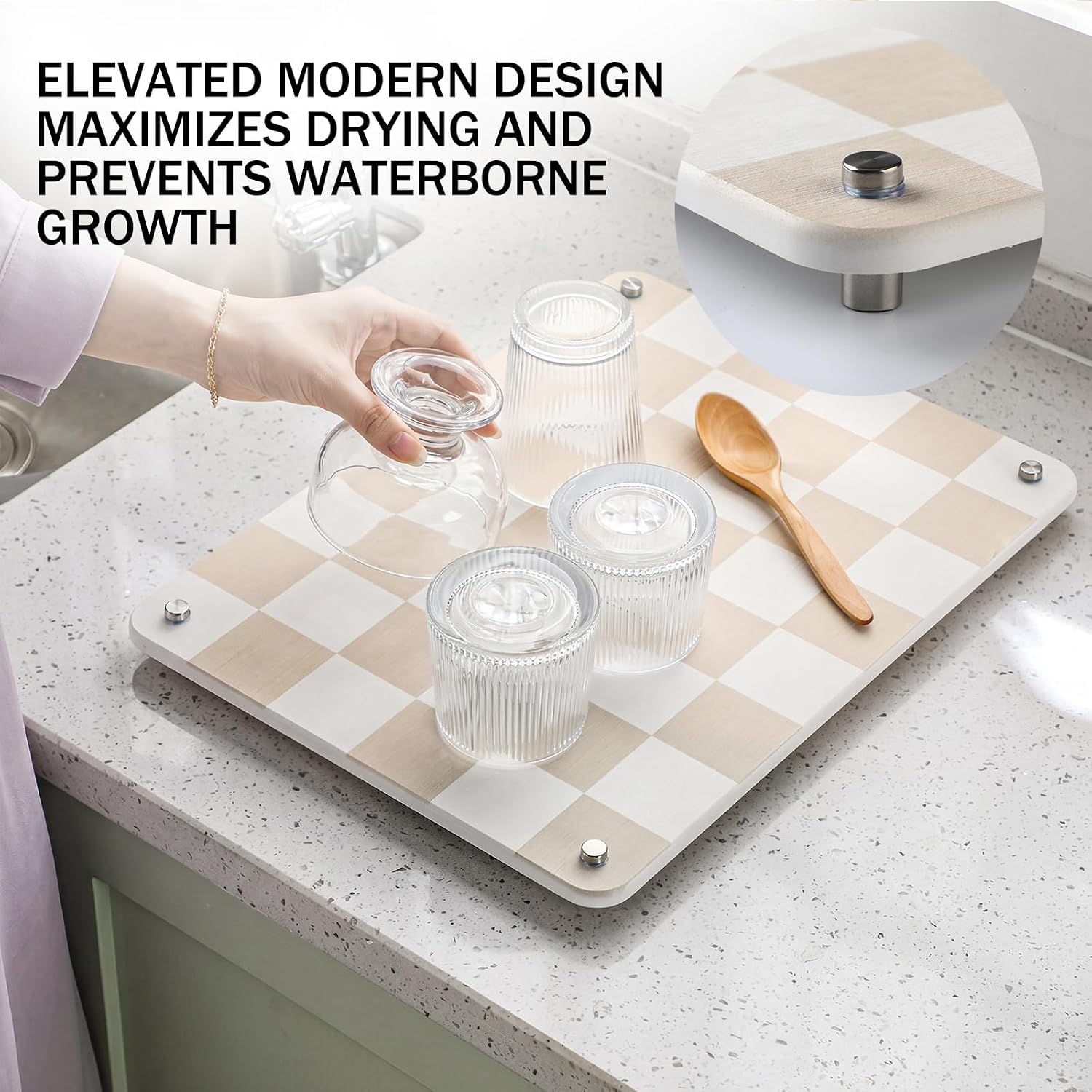 Beige Checkboard Stone Dish Drying Mat for Kitchen Counter, 15.7"x11.8" Diatomaceous Earth Mat with Stainless Steel Feet, Rapid-dry Technology, Non-slip, Heat Resistant