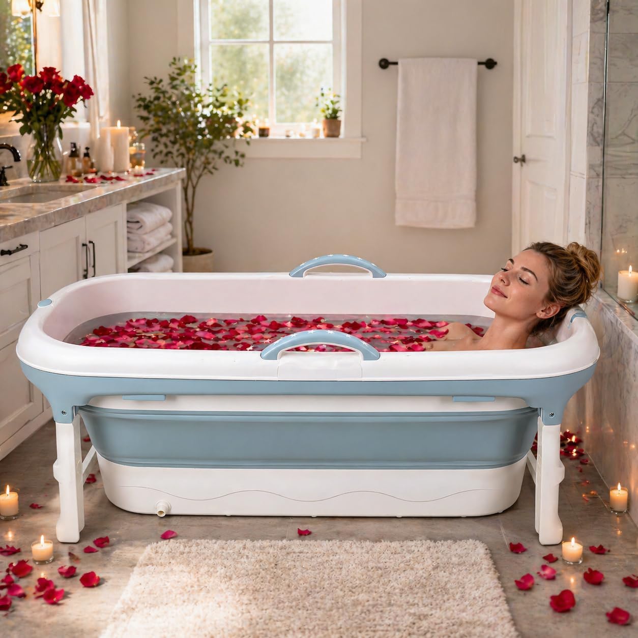 Bathtub for Adult- Large Foldable Collapsible tub. Ergonomically Designed for the Ultimate Relaxing Soaking Bath, Ice Bath. Ideal for Small Spaces, Quick, Effortless Folding Bathtub 58Inch
