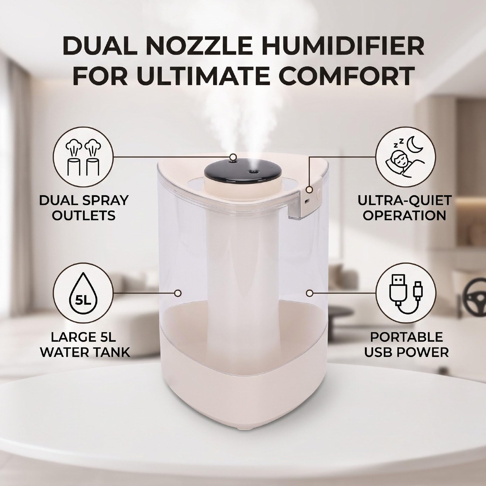 Cosiki Dual Nozzle Humidifier 5L Portable Design | Funzionamento silenzioso, alimentazione USB, grande capacità, adatto a casa, ufficio, viaggi