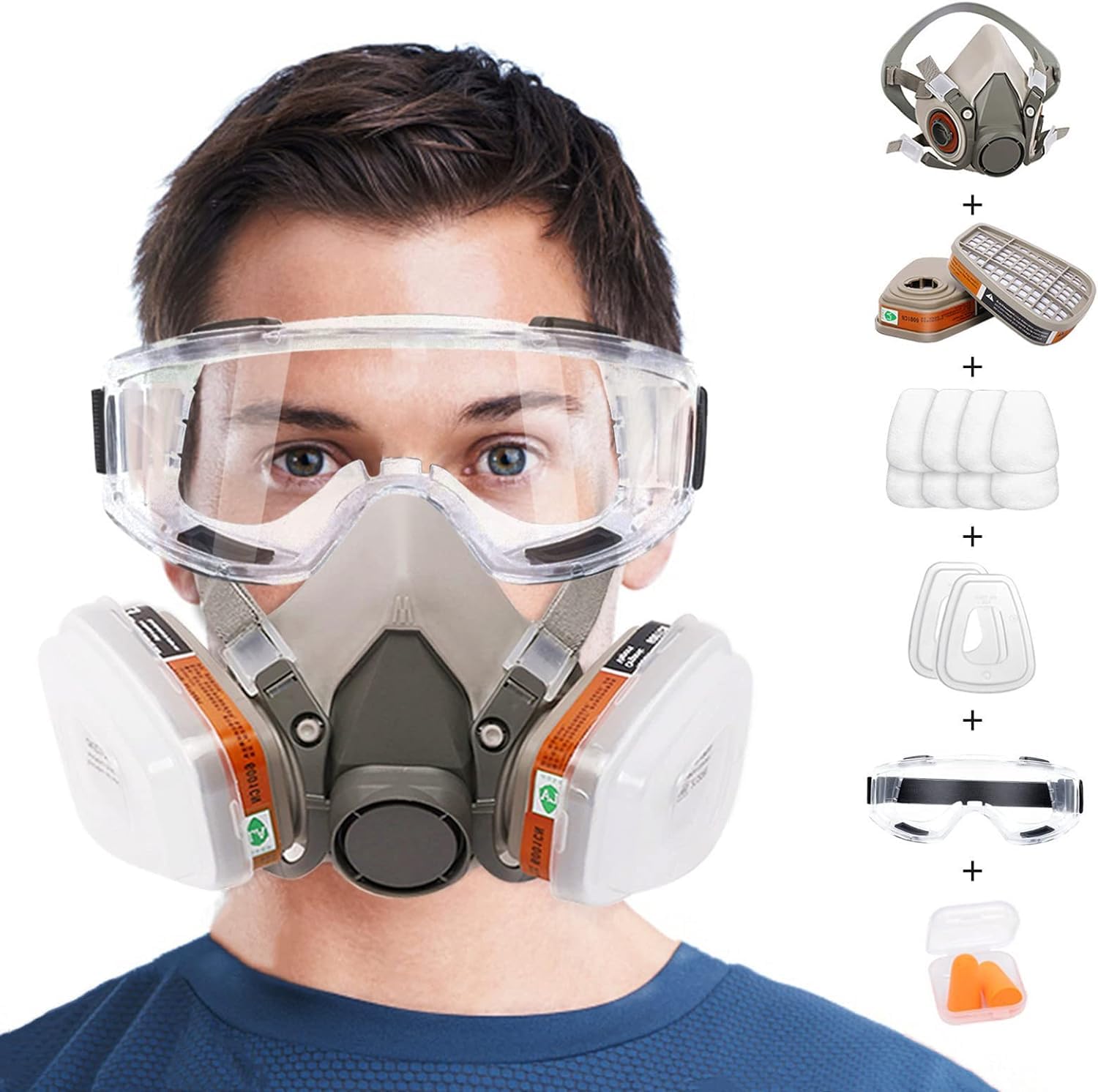 Askan Reusable Respirators Half Facepiece Cover - Chemical Respirator with Filters/Goggle Against Dust Organic Gas Vapors for Epoxy Resin Welding Woodworking