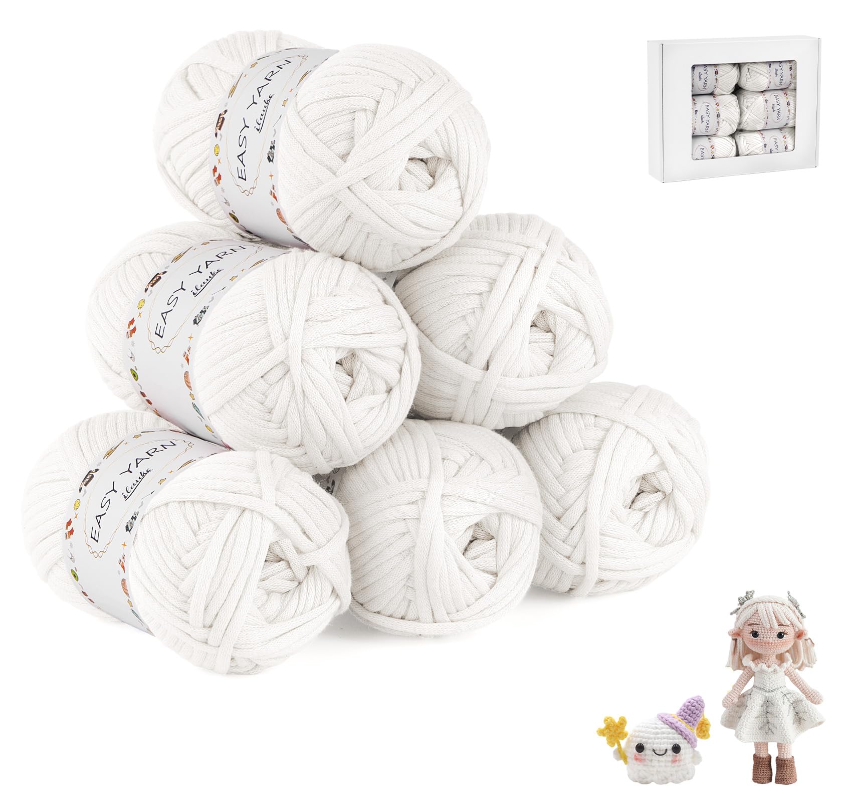 ilaukeCrochet & Knitting Yarn - 6x50g White Thick Wool & Cotton, No Split, Perfect for Crochet, Knitting & Crafts