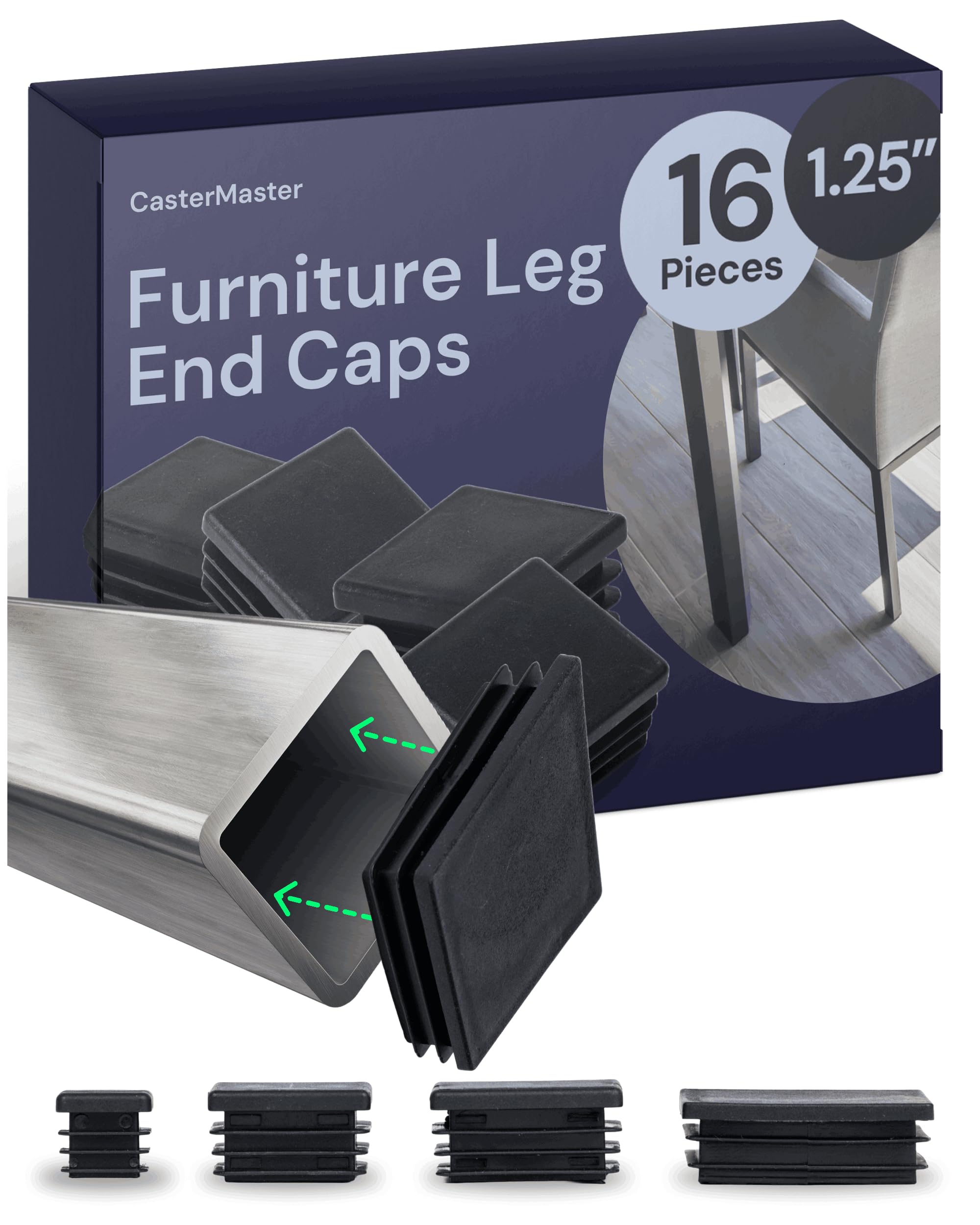 CasterMaster Square Furniture End Leg Caps, Flexible Plug for Chairs Tables & Outdoor Furniture (Black, 1.25'' - 16 Pack) - Floor Protector Table Leg Caps - Easy to Install - Weather Resistant