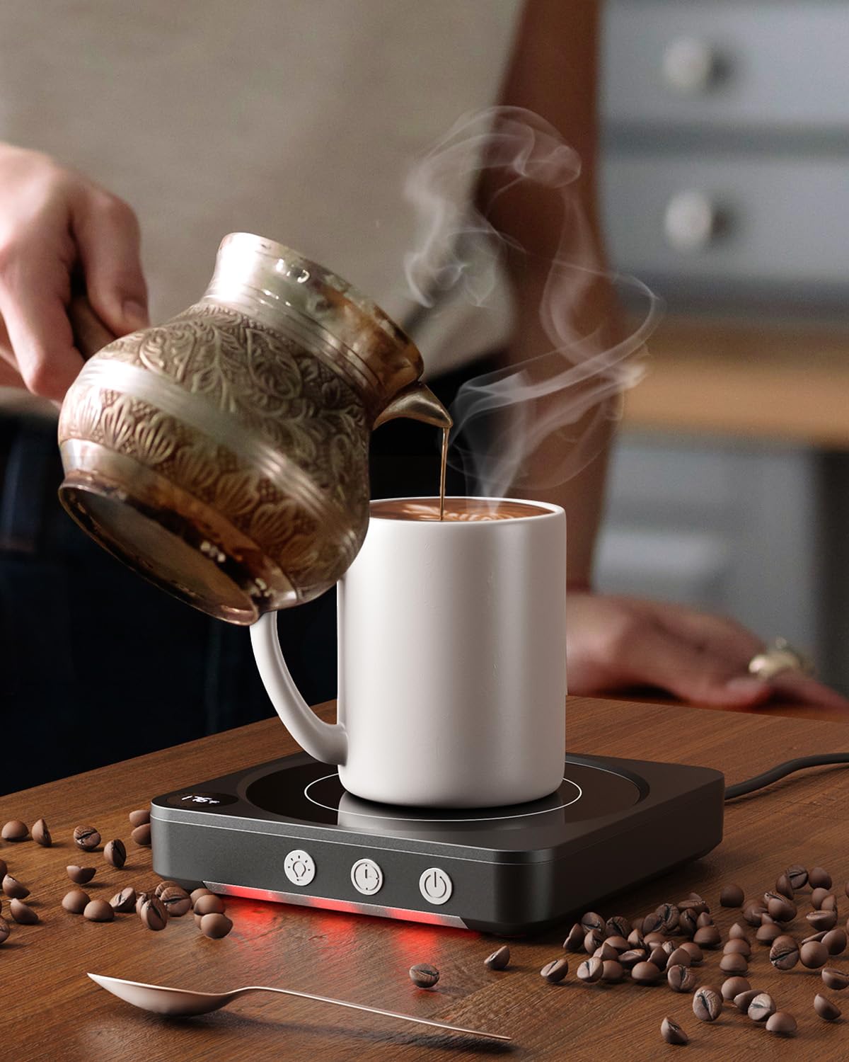 Calentador de Tazas - Calentador de Tazas de café LED para Escritorio con Pantalla de Temperatura, 2-12 Horas Apagado automático, Calentador de Velas Inteligente: Accesorios de Regalo de café Ideales