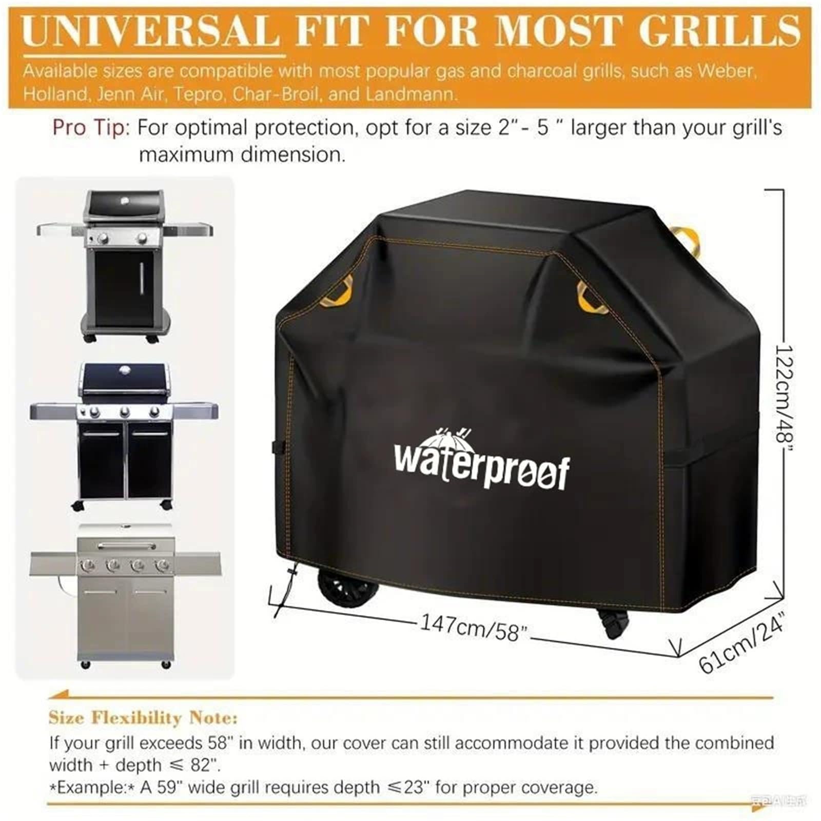 Copertura Griglia Barbecue Forno Esterno | Protezione barbecue esterna resistente vento all'acqua 210D maniglie strisce riflettenti(57in)