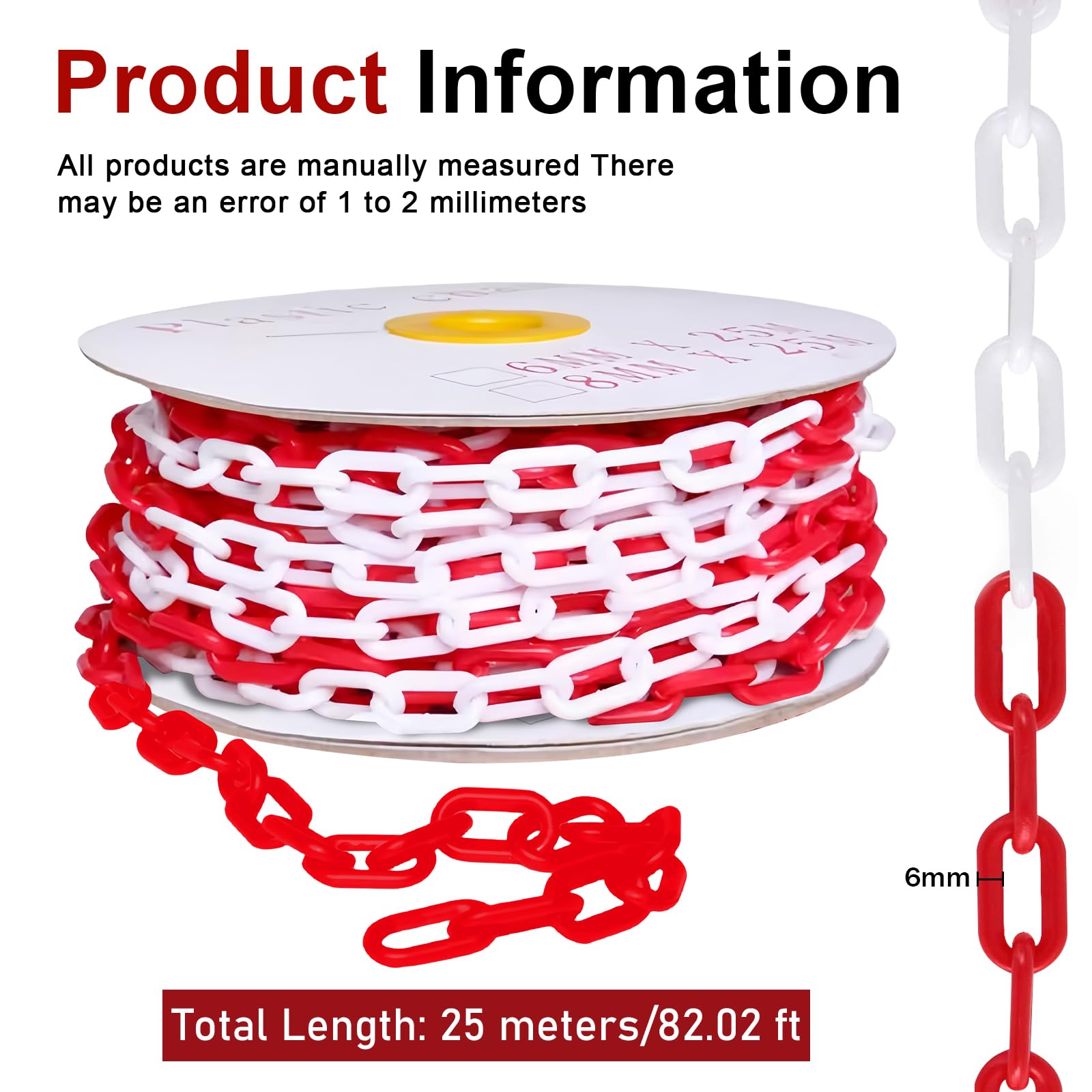 Catena di Sicurezza: Catena di Sicurezza in Plastica Rossa e Bianca da 25m, Catena di Segnalazione da 6mm per Aree di Blocco, Barriera a Catena in Plastica per Cantieri Edili, Parcheggi, Code