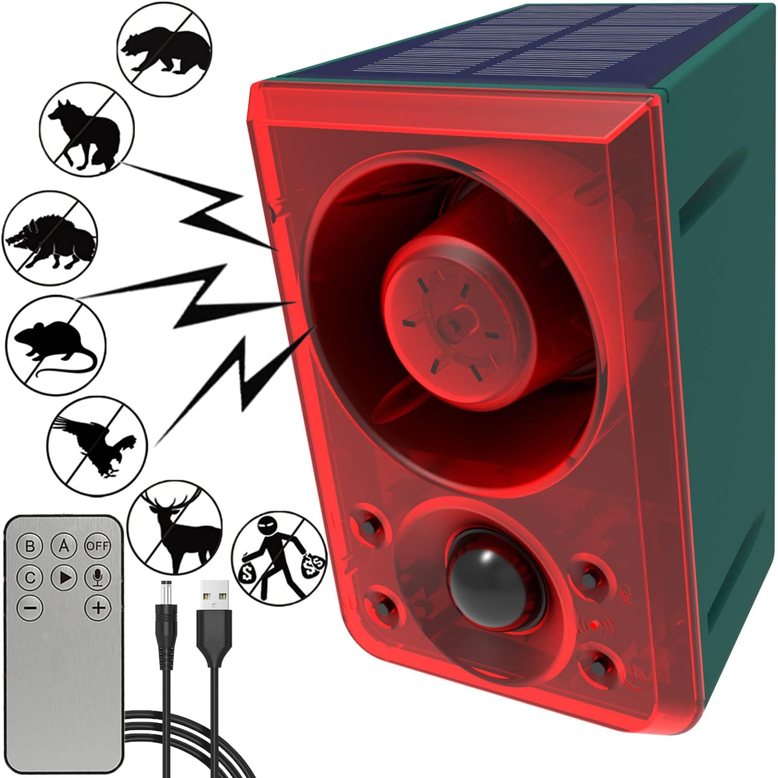 Solar Outdoor Motion Sensor Alarm - Dog Barking & Gunshot Sound 130db Motion Detector Alarm Light,with Remote Controller for Home, Villa,Yard,Chicken coop,Farm,Barn, ZFD-11N-01, Green&red