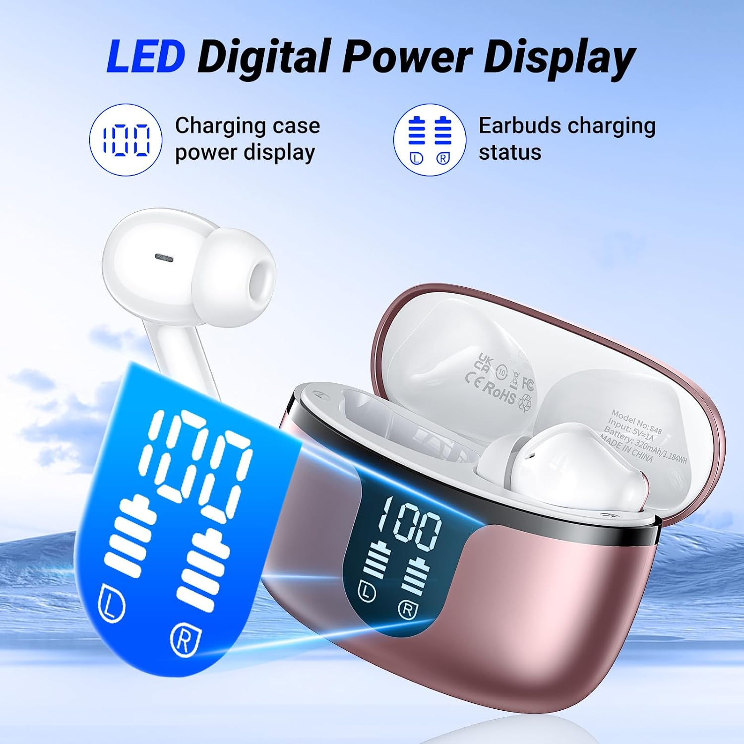 Wireless Earbuds,Bluetooth 5.4 in-Ear Headphones with 4 ENC Noise Cancelling Mics, with 48H Playtime LED Display, Earbuds IPX7 Waterproof,Headphones HiFi Sound for iOS Android,Sport/Work, Rose 8 71bdjKL3BML. AC SL1500