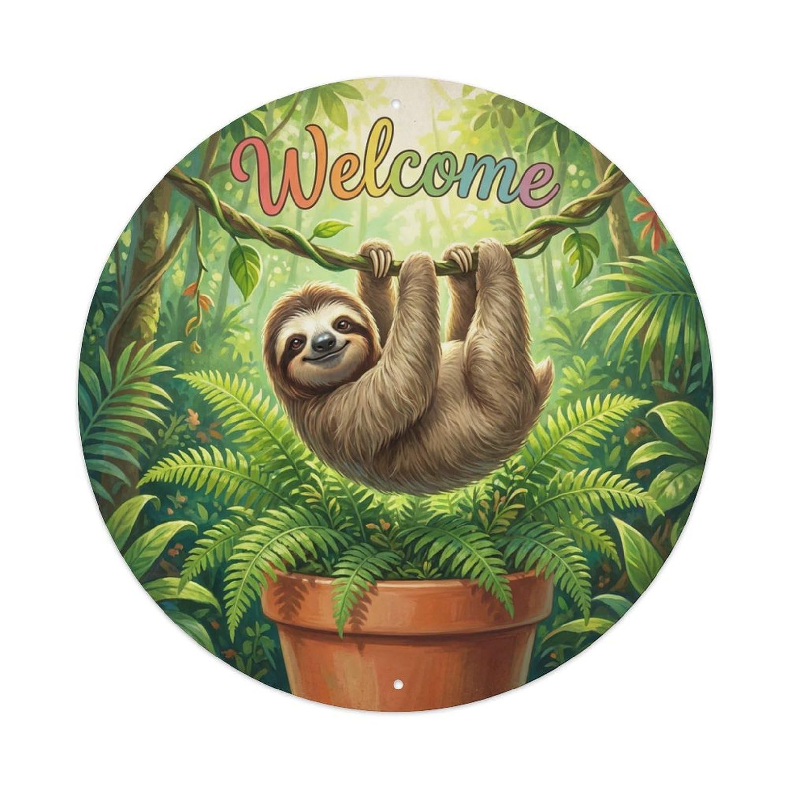 Welcome Sloth Hanging Fern Metal Tin Sign