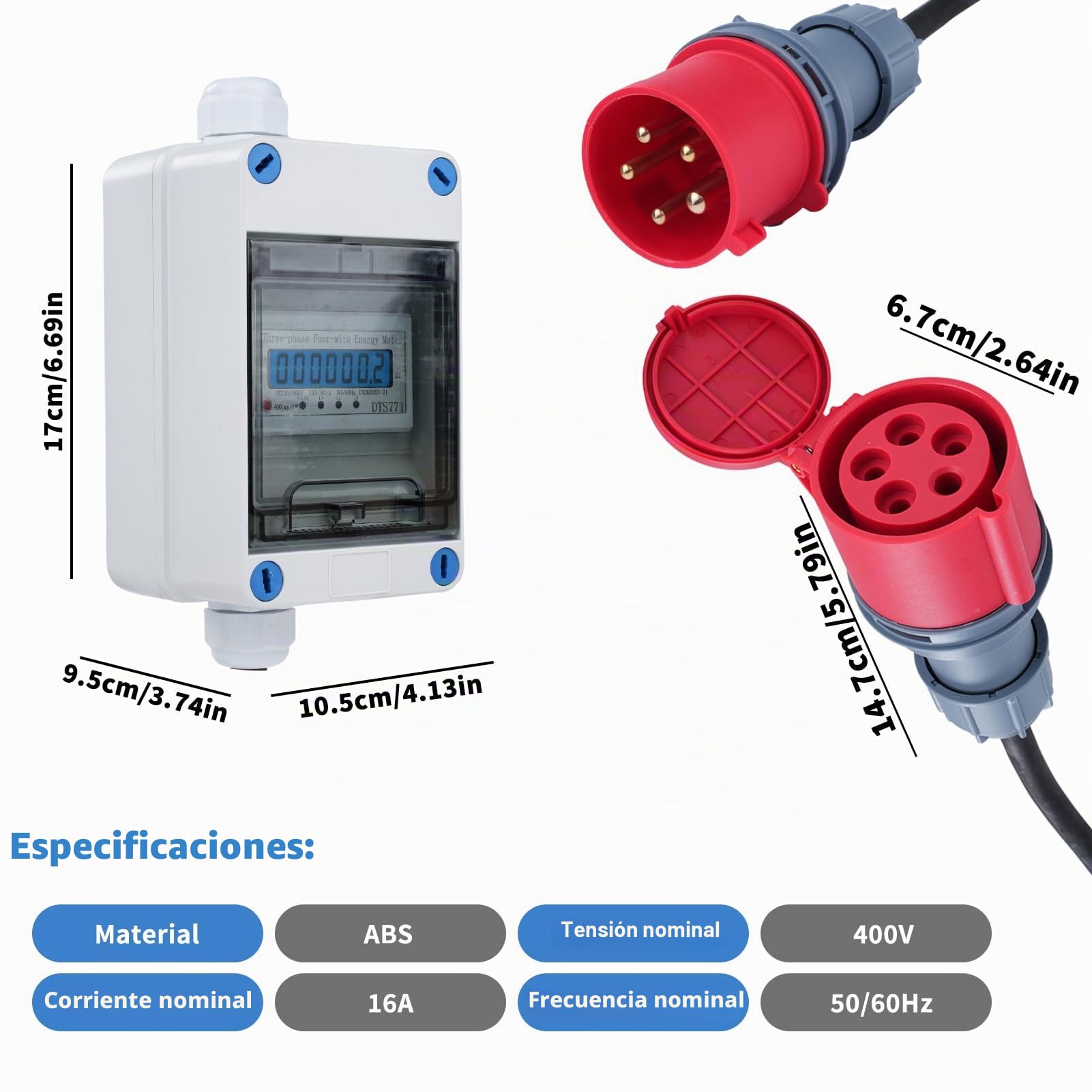 Contador electrico Digital Movil Trifasico 16A 400V Contador Movil Enchufe CEE Medidor Digital Movil Trifasico 5 * 2.5mm² con 2m Cable Adaptador de Enchufe IP44 (H07RN-F HR-03X)