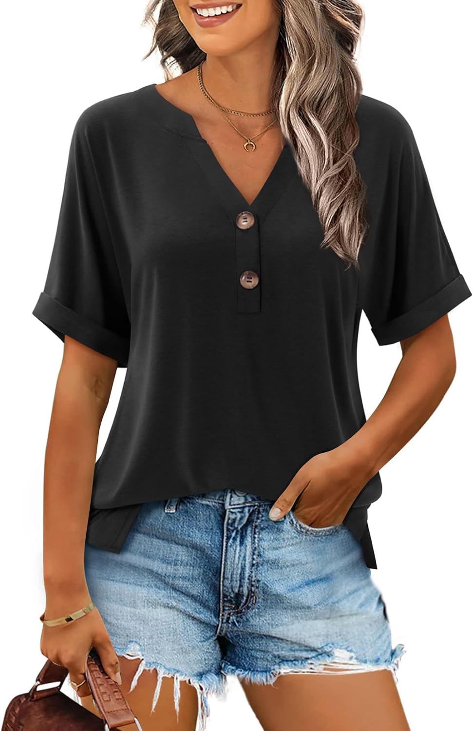 Beluring Maglietta da donna estiva a maniche corte, casual, scollo rotondo, plissettato, con fessura, verde militare, M