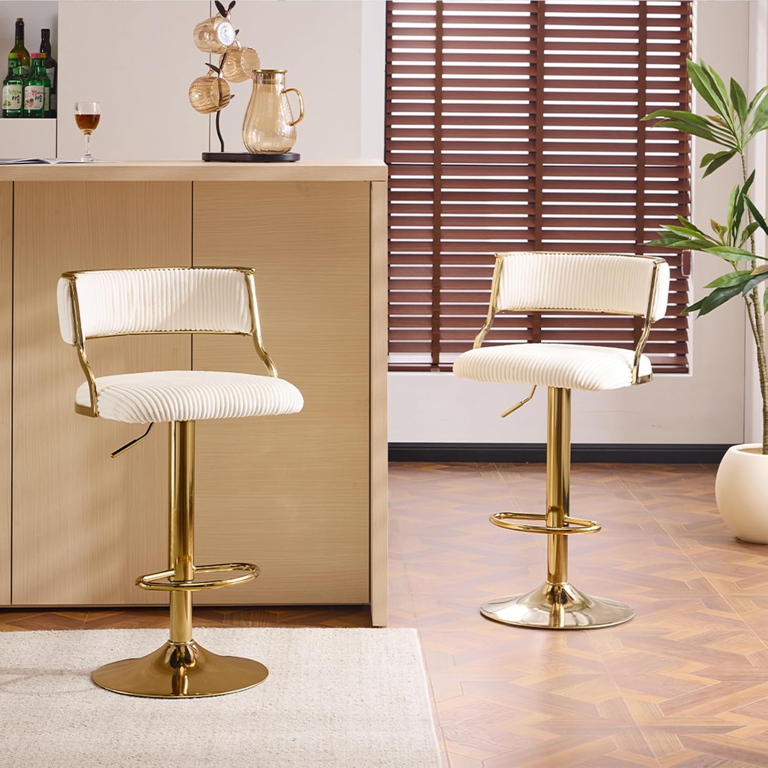 VINGLI Counter Height Bar Stools Set of 2, Modern Velvet Adjustable Swivel Barstools w/Hollow Backs, Metal Legs for Kitchen Island, Armless Hydraulic Kitchen Counter Bar Stool, White