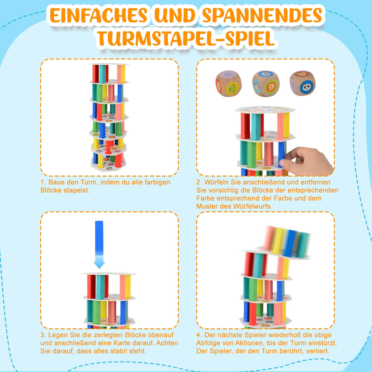 Torre de Bloques de Madera 4 en 1, Juguete Montessori de Equilibrio y Habilidad, Juego de Mesa Familiar y de Viaje, Juego Educativo Regalo para Niños y Niñas de 3 a 9 años