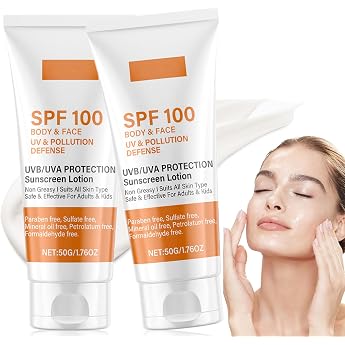 Pack of 2 Sun Cream SPF 100 Sunscreen SPF 100 Moisturising Sunblock Sun Cream Face Soothing Sun Protection UV Protection Sunblocker for Face and Body Waterproof and Non-Greasy