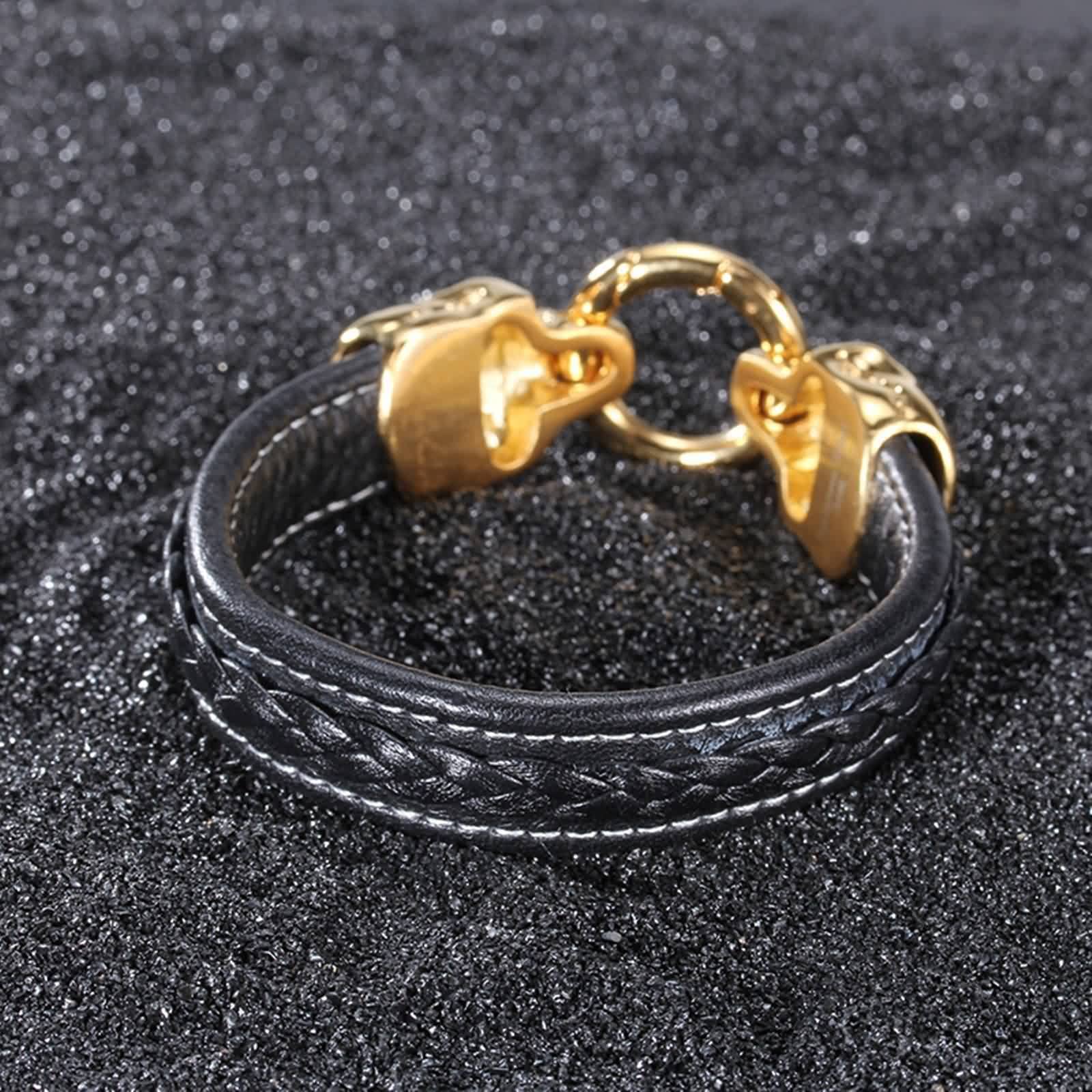 Bracelet Homme, Bracelet Cuir Tete de Mort Homme Acier Inoxydable Gourmette Cool Mode Bijoux Cadeau