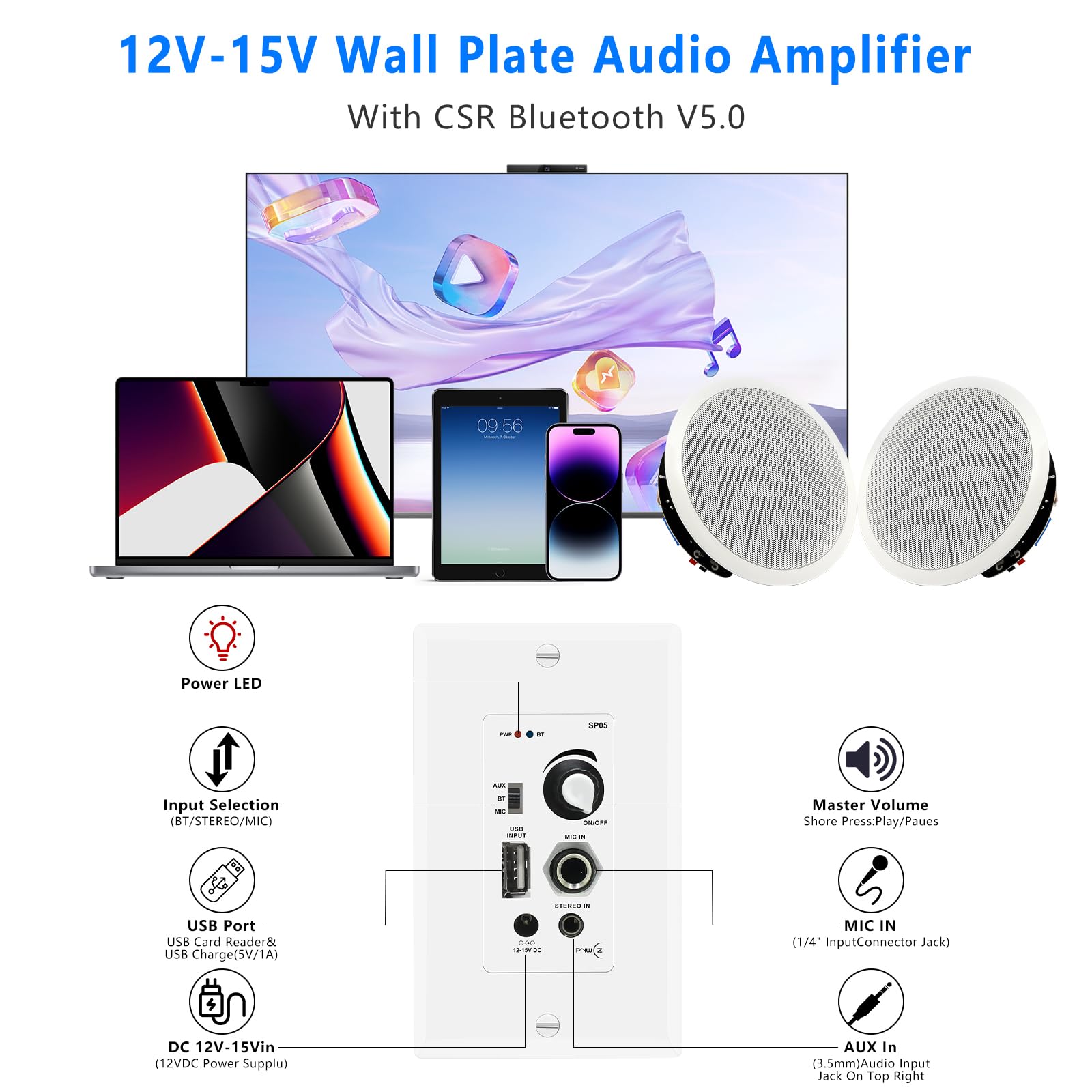 Lot de 2 haut-parleurs de plafond Bluetooth de 16,5 cm avec amplificateur mural 600 W pour home cinéma, bureau, salle de bain, salon, cuisine