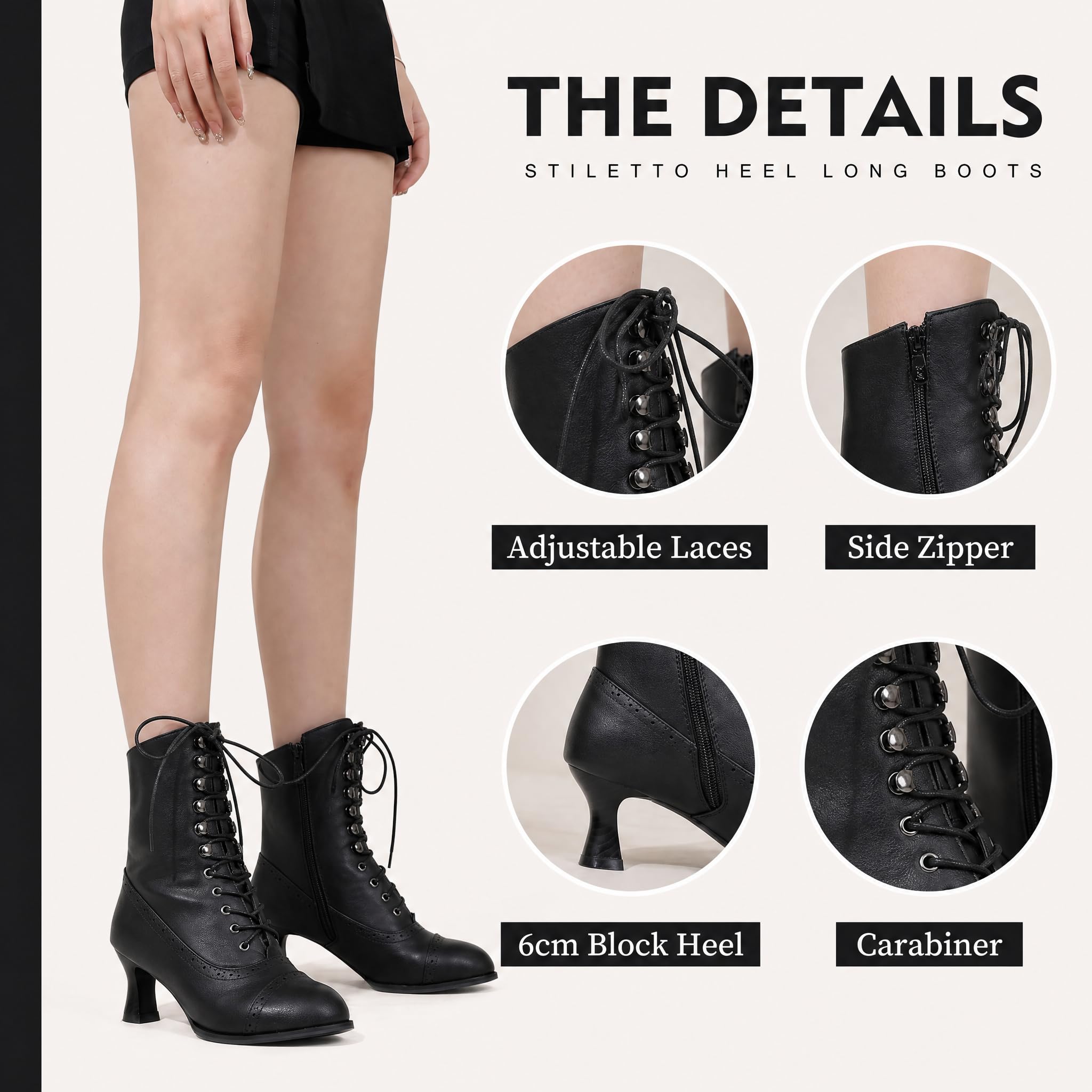 Botines con cordones para mujer, botas victorianas de tacón de gatito, botines puntiagudos con cremallera lateral